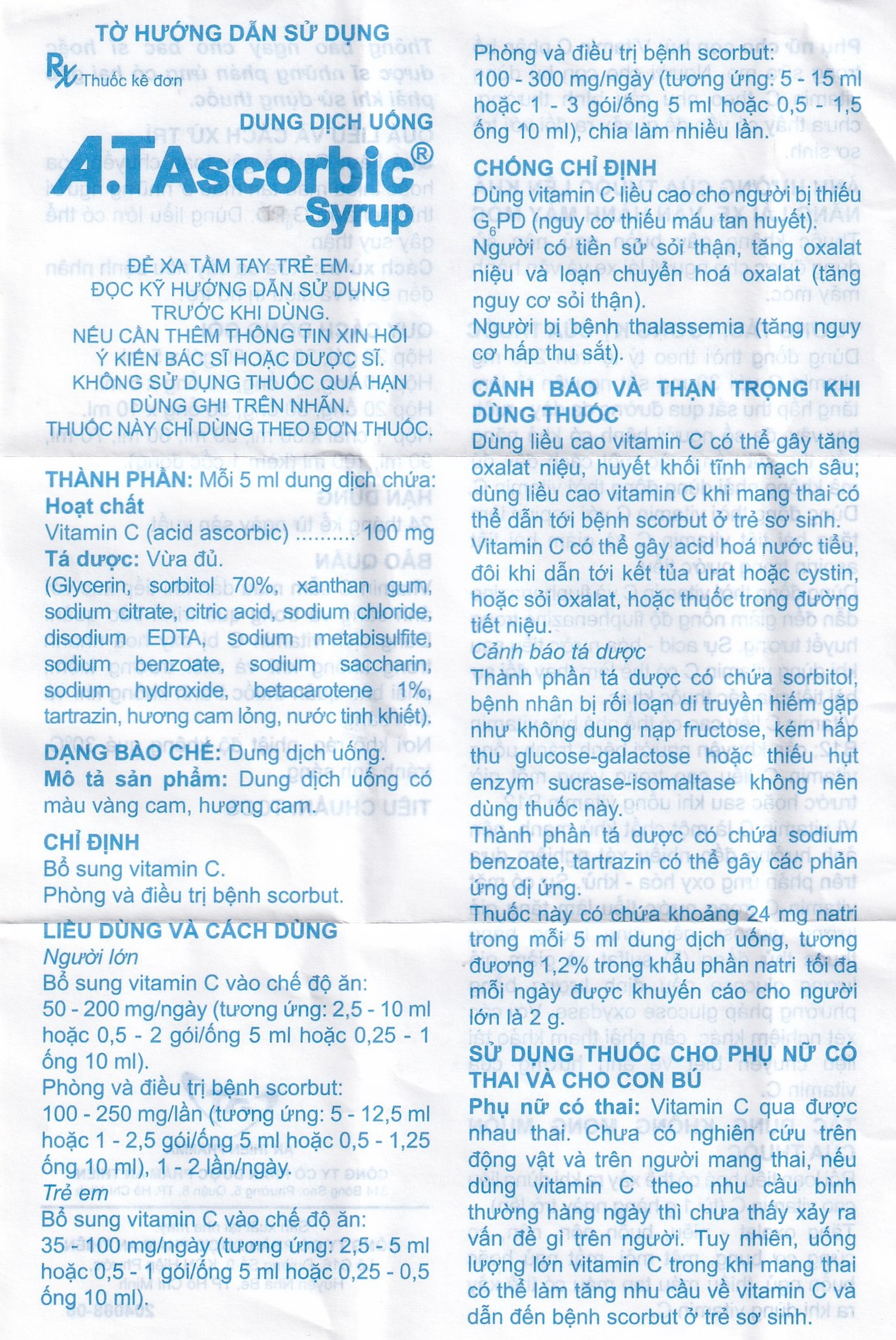 Dung dịch uống A.T Ascorbic Syrup 100mg bổ sung vitamin C, điều trị bệnh scorbut (30 gói x 5ml)