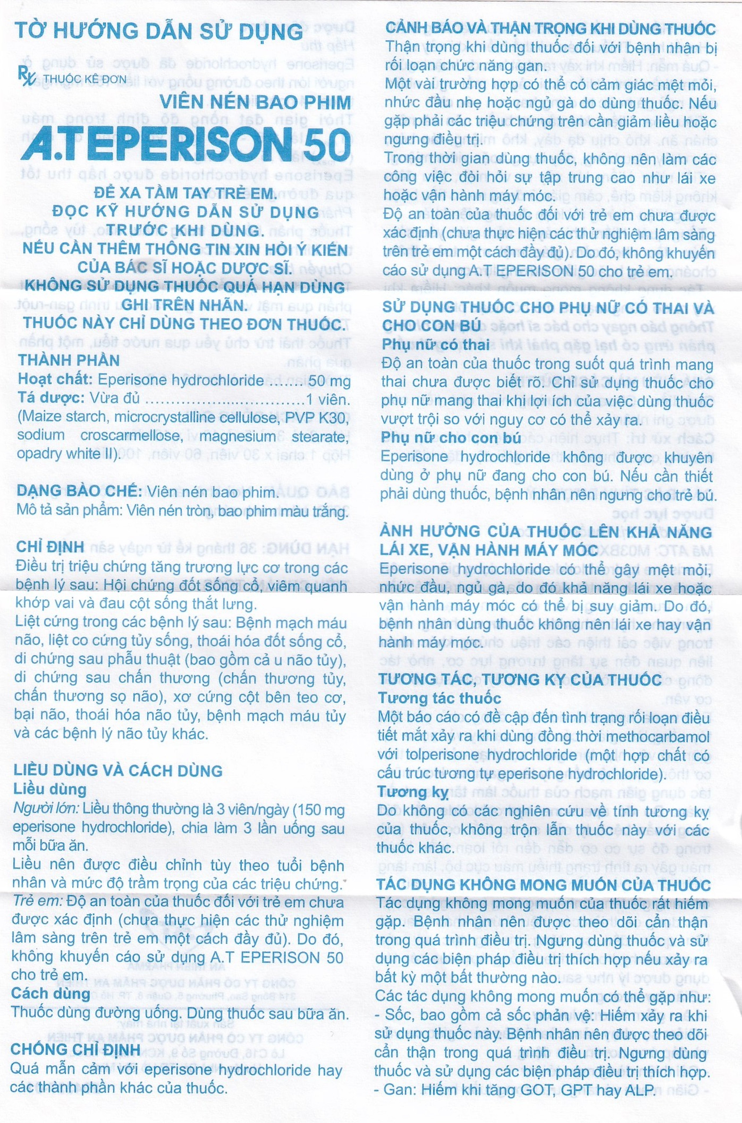 Thuốc A.Teperison 50 An Thiên Pharma điều trị thoái hóa cột sống cổ, bệnh mạch máu não (3 vỉ x 10 viên)