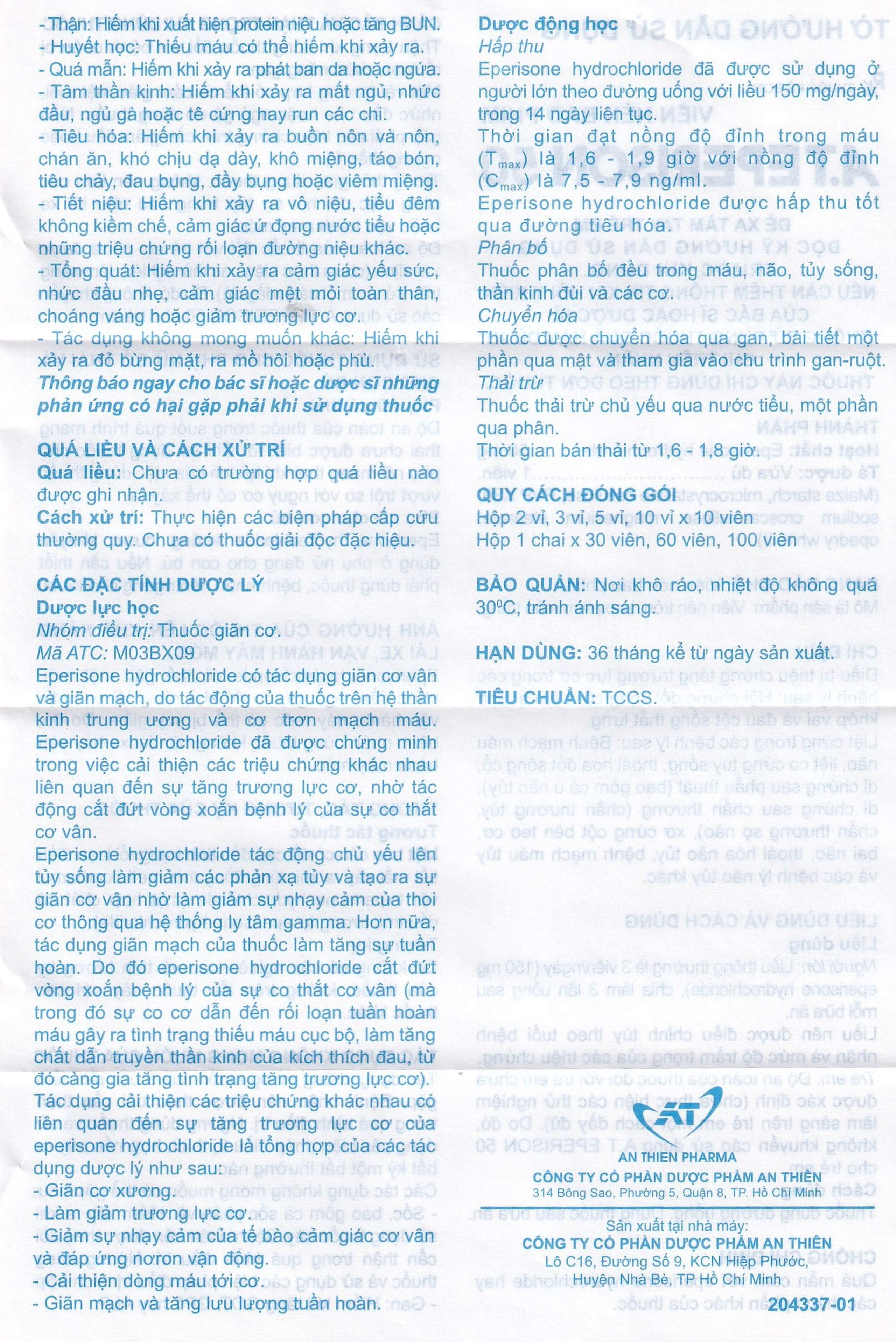 Thuốc A.Teperison 50 An Thiên Pharma điều trị thoái hóa cột sống cổ, bệnh mạch máu não (3 vỉ x 10 viên)