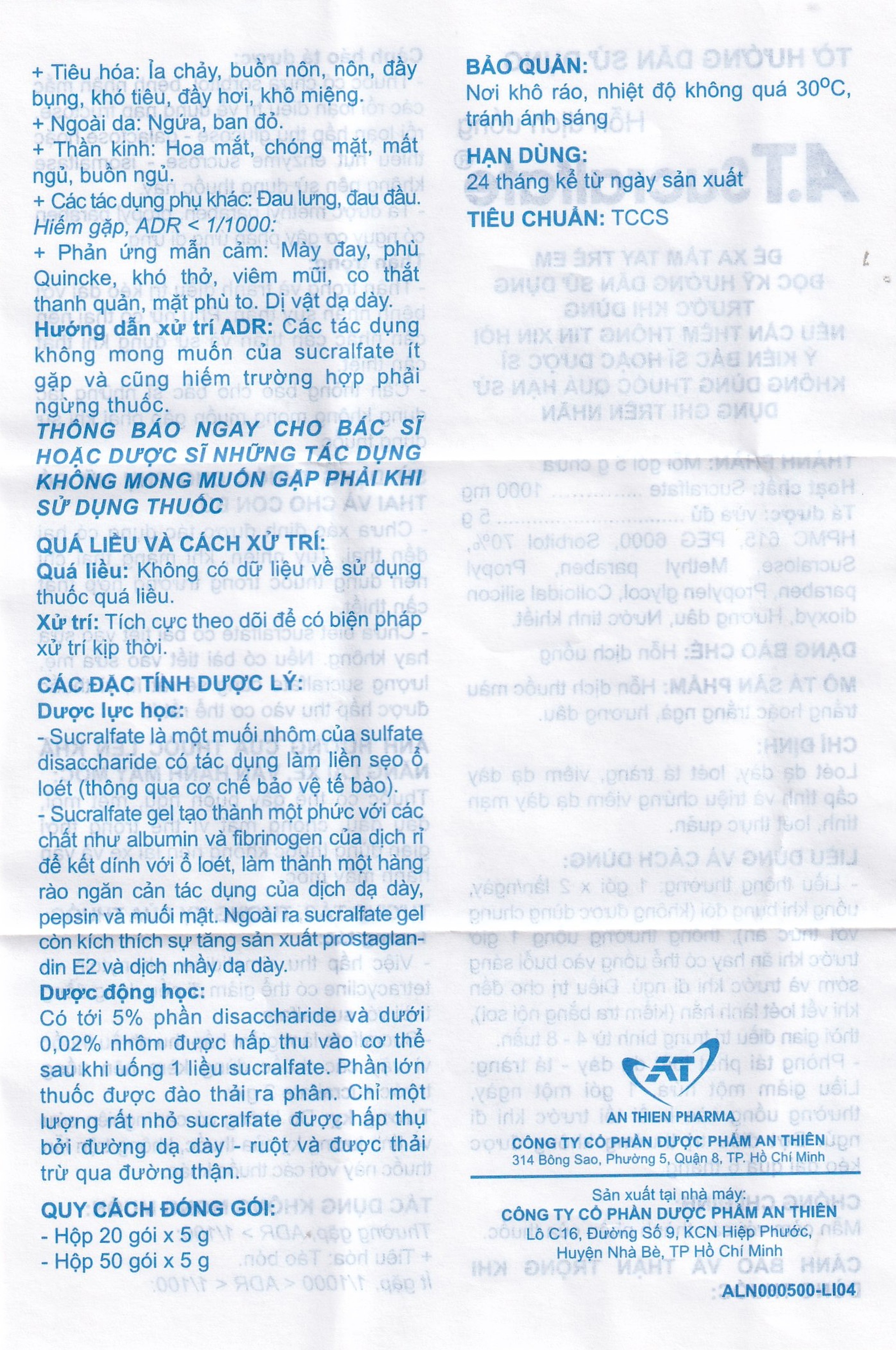 Hỗn dịch uống A.T Sucralfate 1000mg An Thiên điều trị loét dạ dày tá tràng (20 gói x 5g)