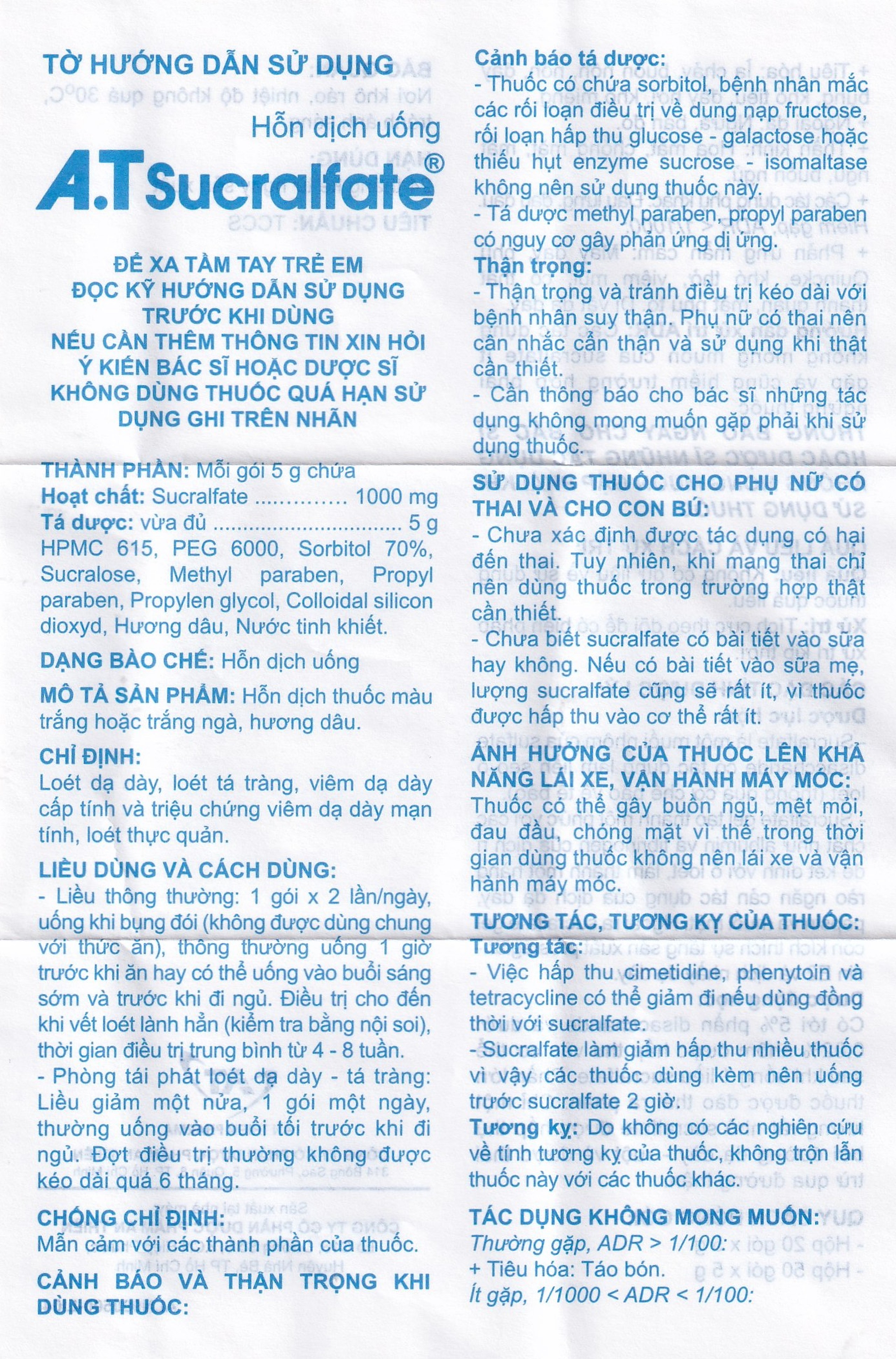 Hỗn dịch uống A.T Sucralfate 1000mg An Thiên điều trị loét dạ dày tá tràng (20 gói x 5g)