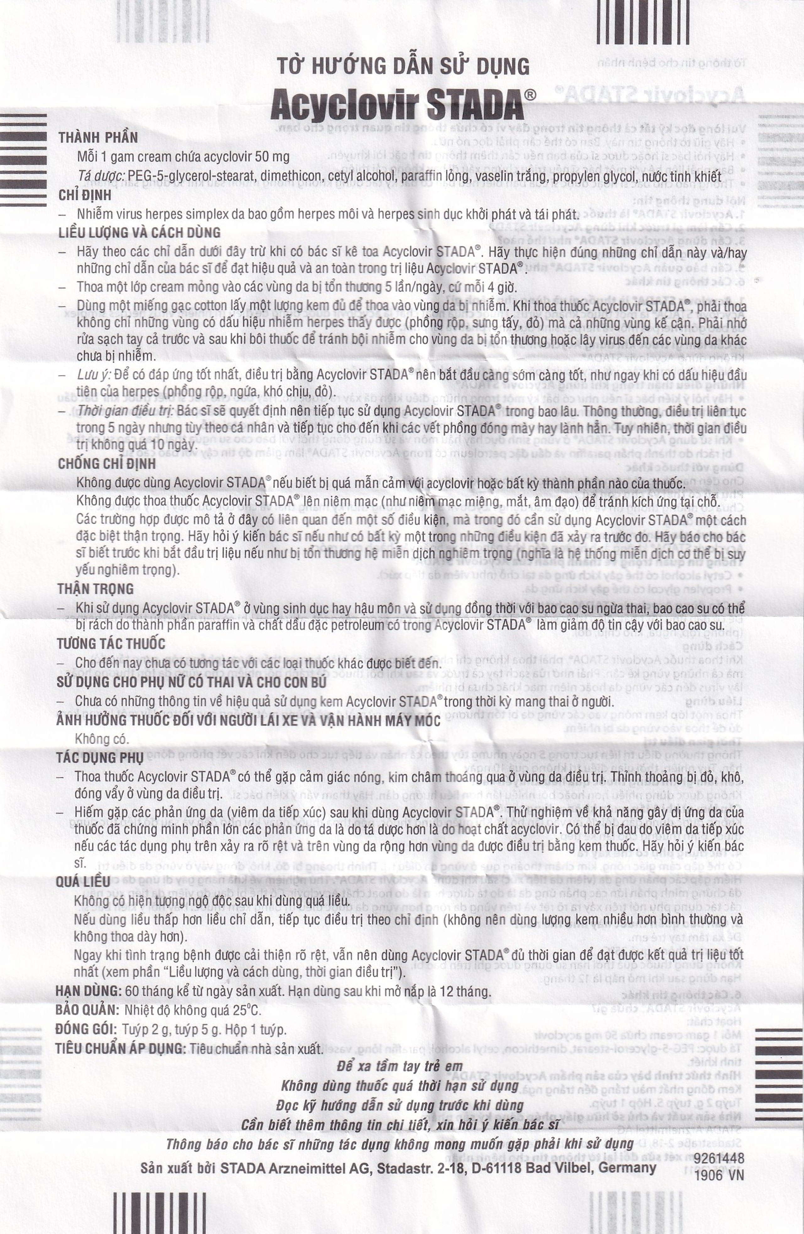 Kem bôi da Acyclovir Stada Cream điều trị nhiễm virus Herpes simplex (2g)