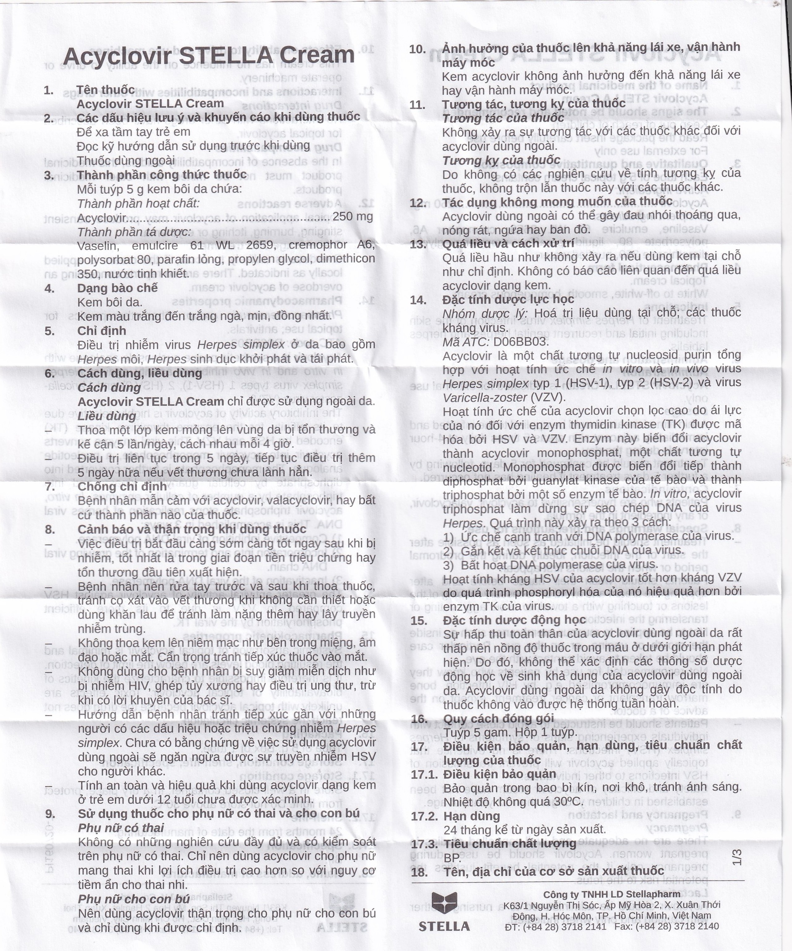 Kem bôi da Acyclovir Stella Cream (5g) điều trị nhiễm virus Herpes simplex