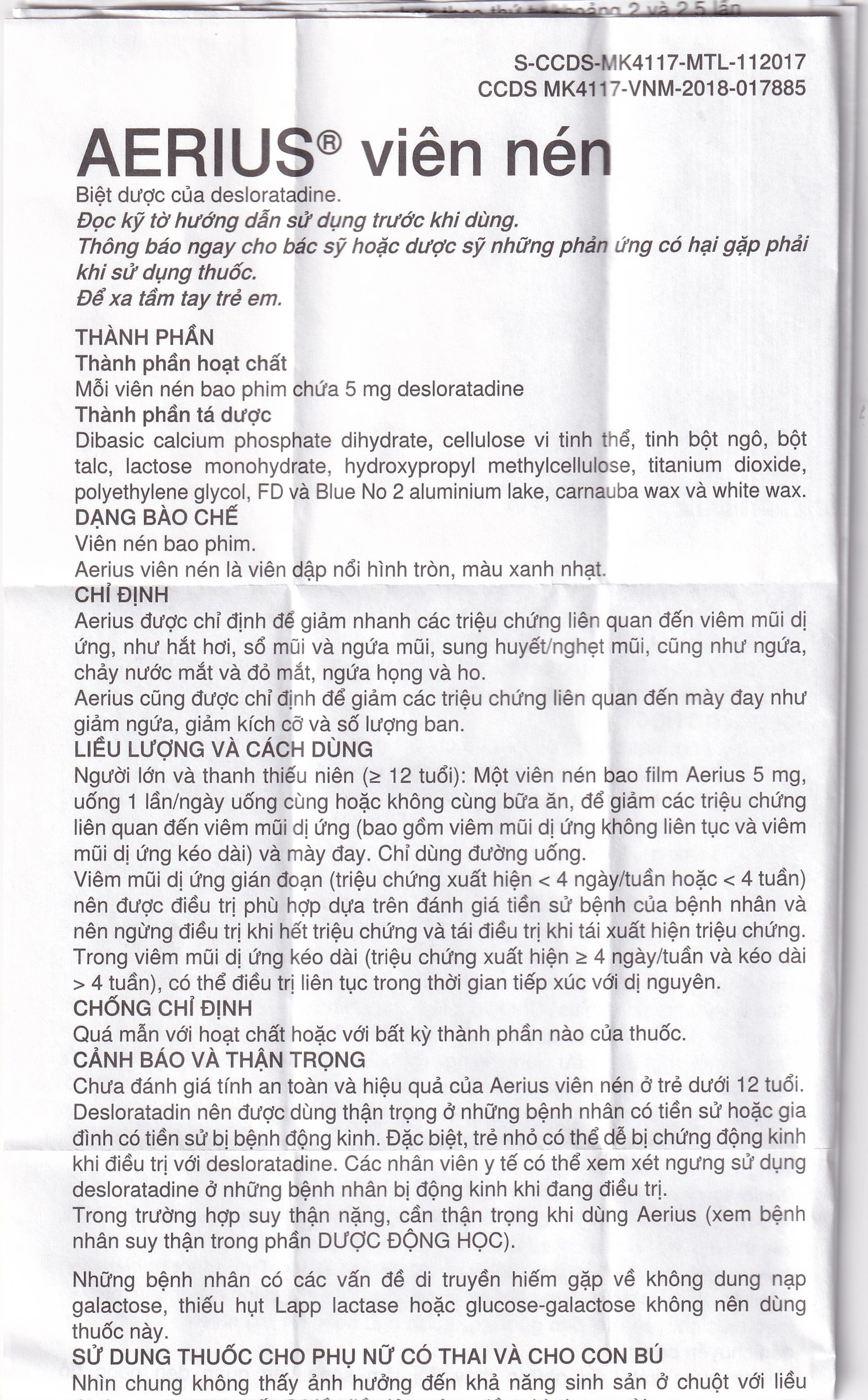 Thuốc Aerius 5mg MSD giảm nhanh các triệu chứng viêm mũi dị ứng, mày đay (1 vỉ x 10 viên)