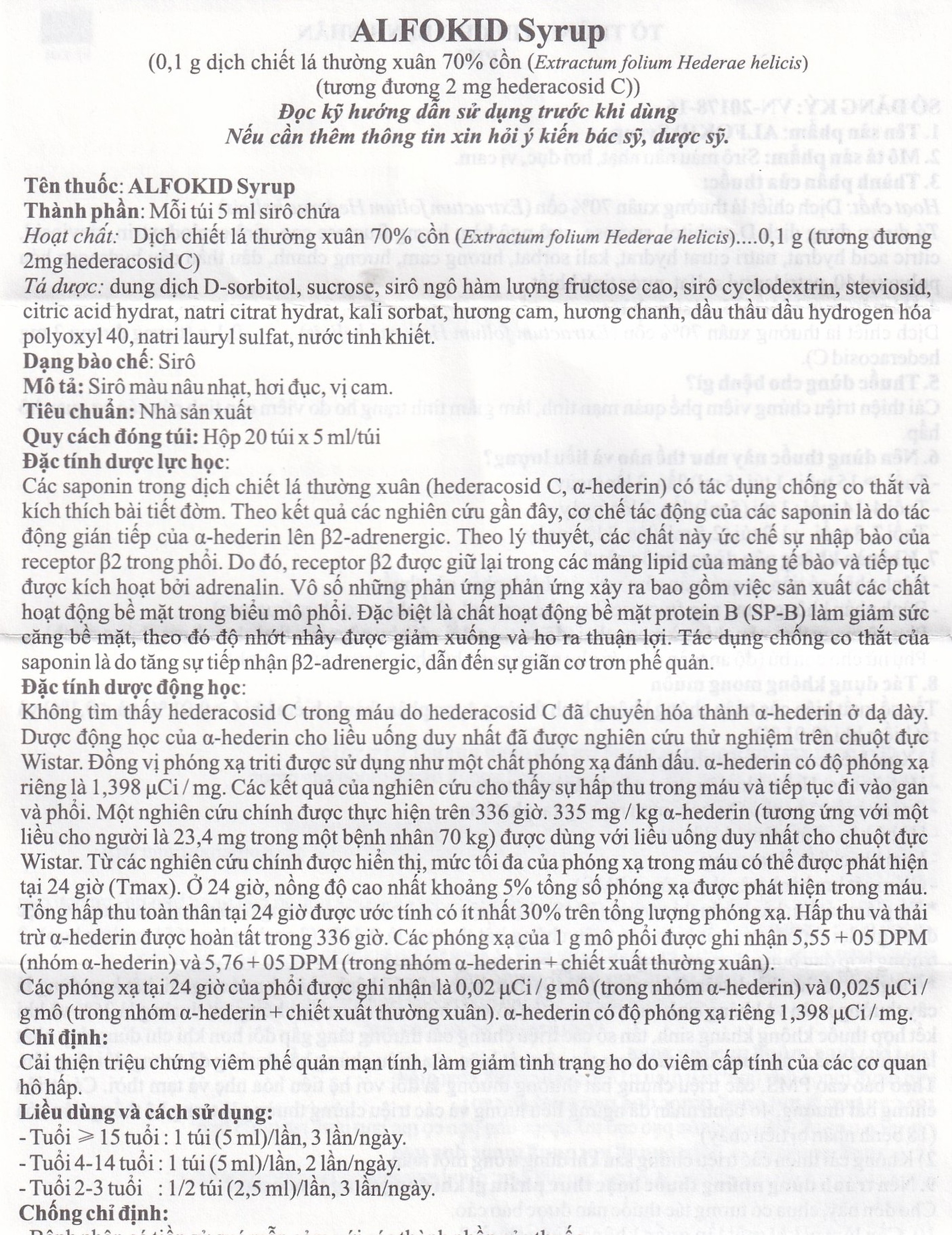Thuốc Alfokid Syrup Kolmar điều trị giảm ho do viêm phế quản mạn tính, viêm đường hô hấp (20 túi)