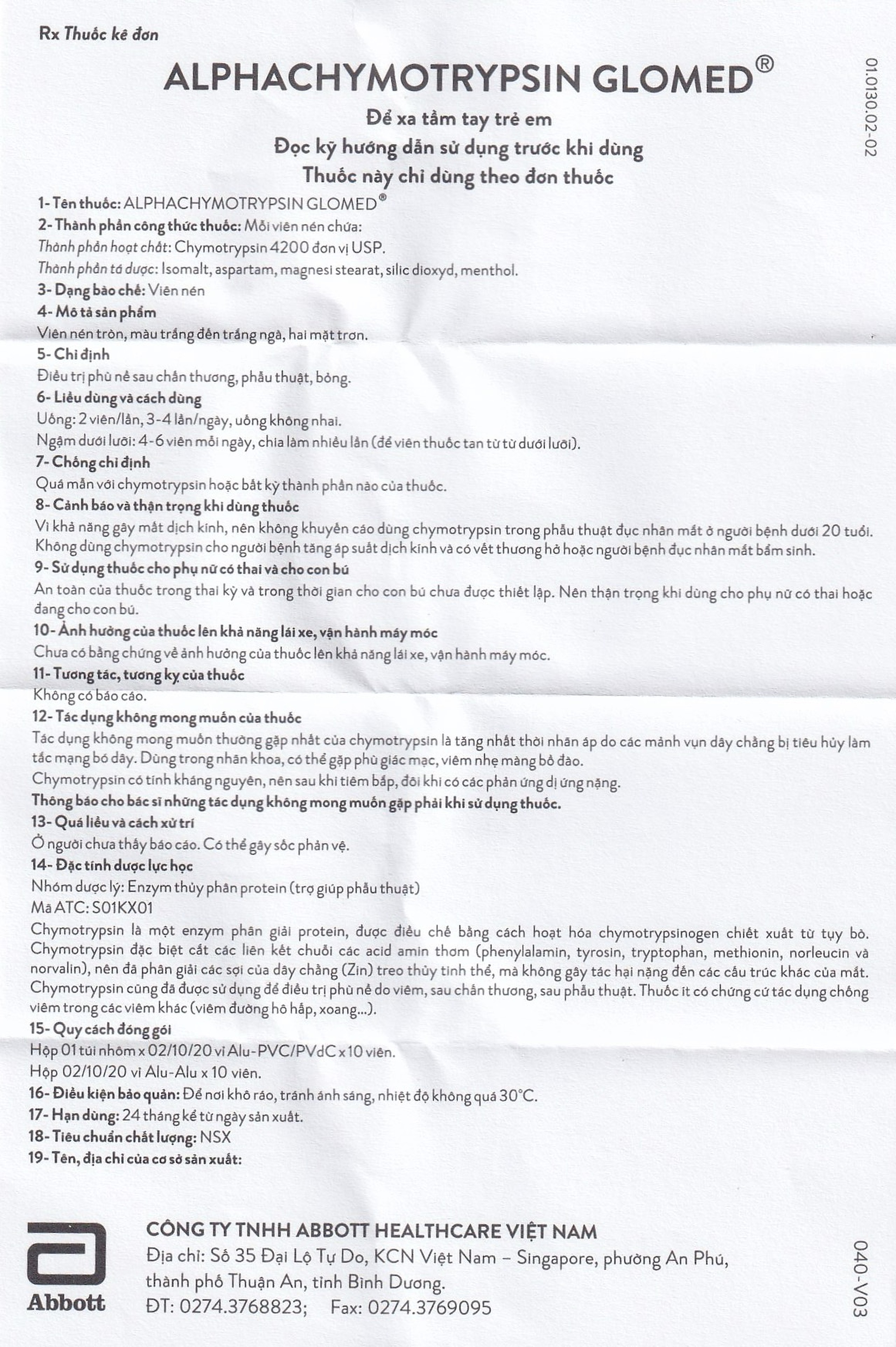 Thuốc Alphachymotrypsin Glomed Abbott điều trị phù nề sau chấn thương, phẫu thuật, bỏng (2 vỉ x 10 viên)