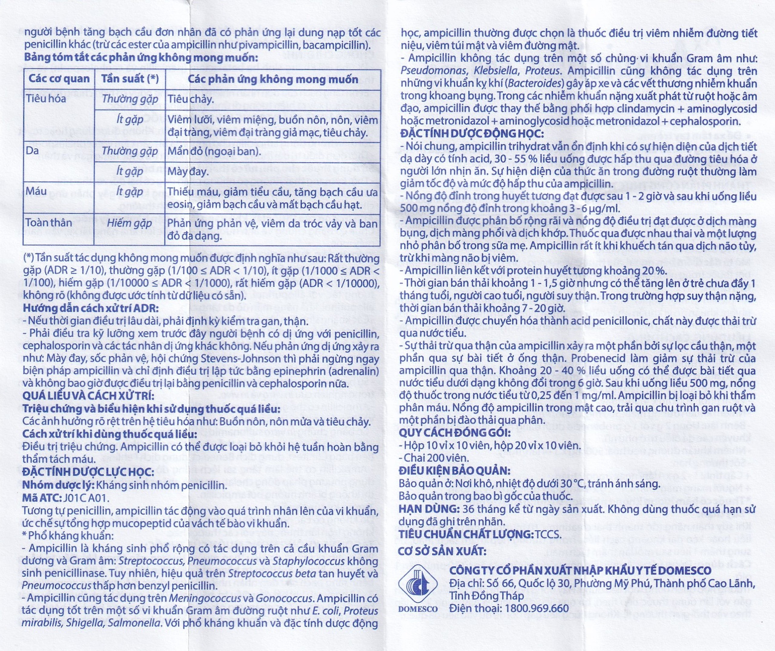 Thuốc Ampicillin 500mg Domesco điều trị nhiễm khuẩn (10 vỉ x 10 viên)