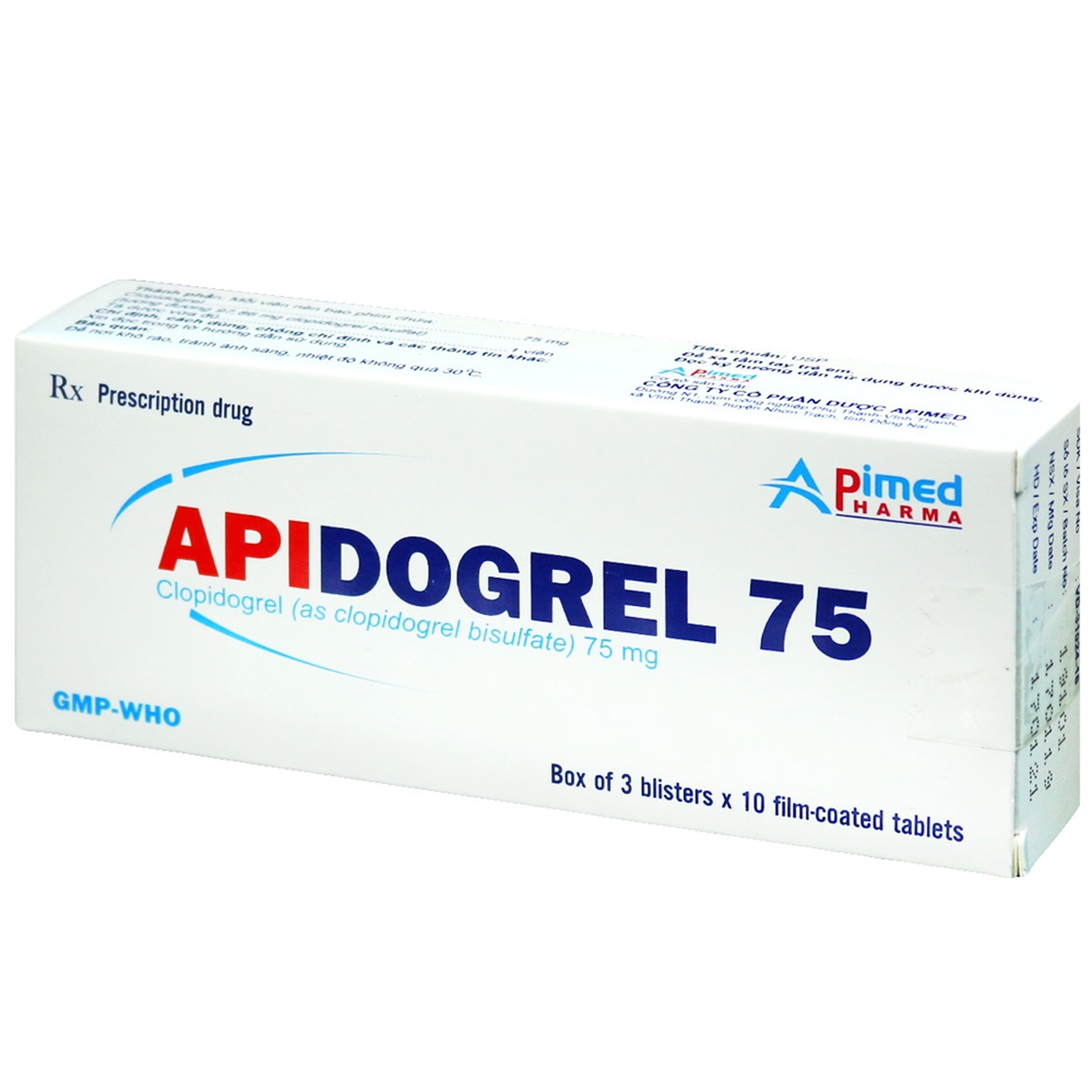 Thuốc Apidogrel 75 Apimed phòng ngừa các biến cố do huyết khối động mạch (3 vỉ x 10 viên)