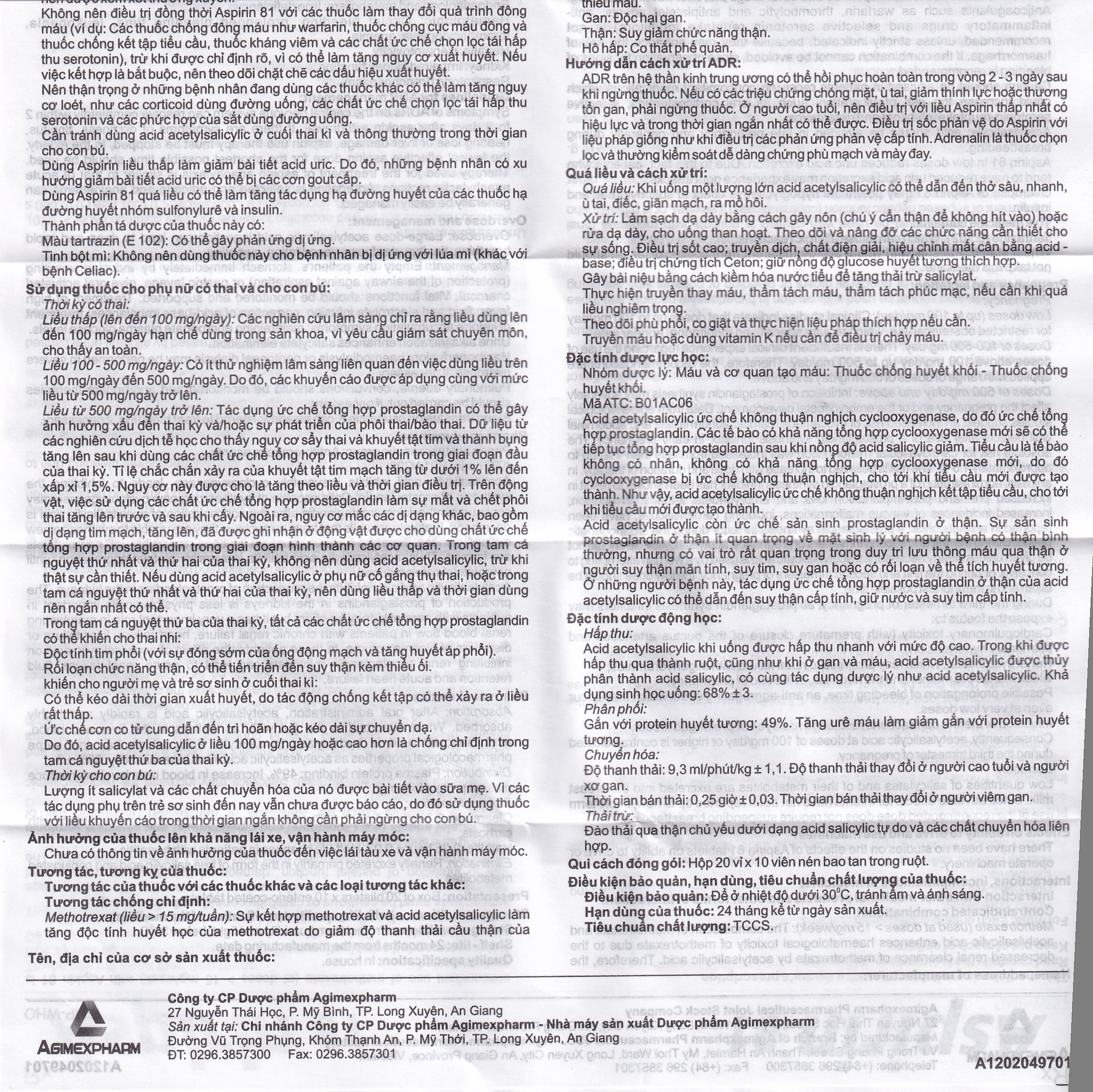 Thuốc Aspirin 81 Agimexpharm phòng ngừa nhồi máu cơ tim, đột quỵ (20 vỉ x 10 viên)