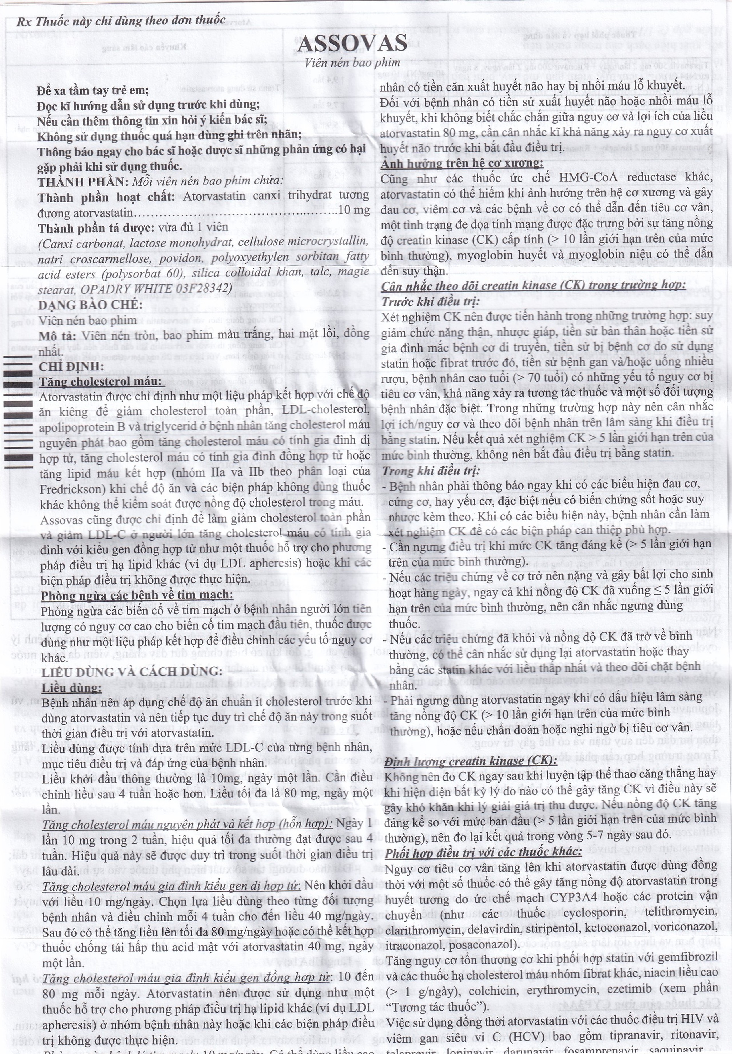 Thuốc Assovas 10mg Assopharma điều trị tăng cholesterol máu nguyên phát (3 vỉ x 10 viên)