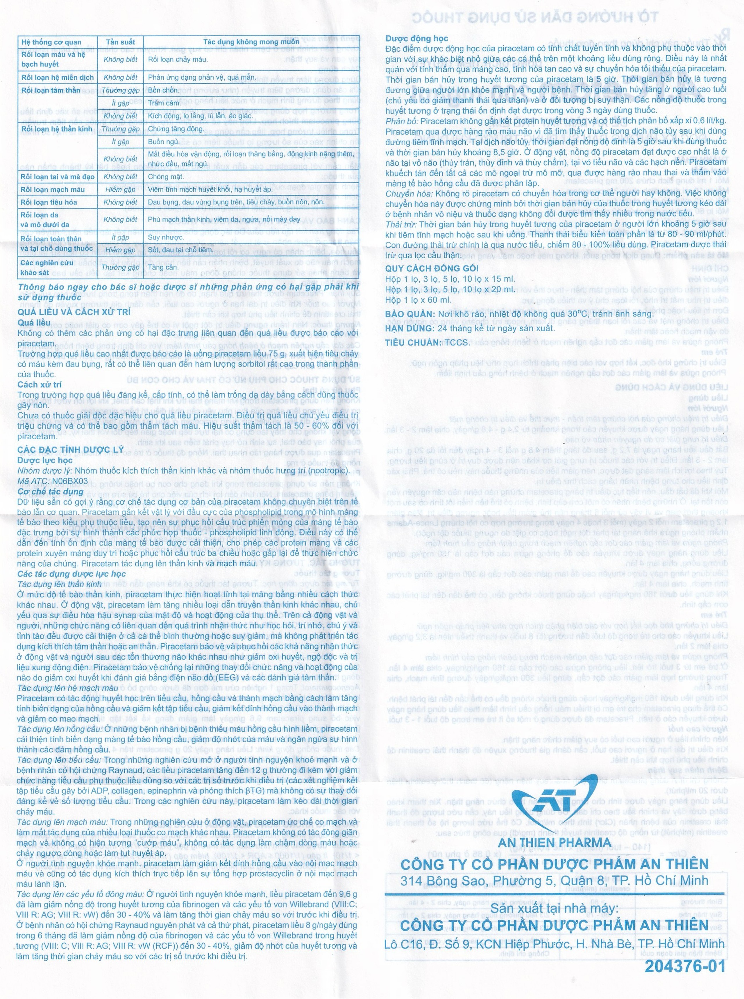 Dung dịch tiêm truyền A.T Cetam 200mg/ml An Thiên điều trị triệu chứng của hội chứng tâm thần (60ml)