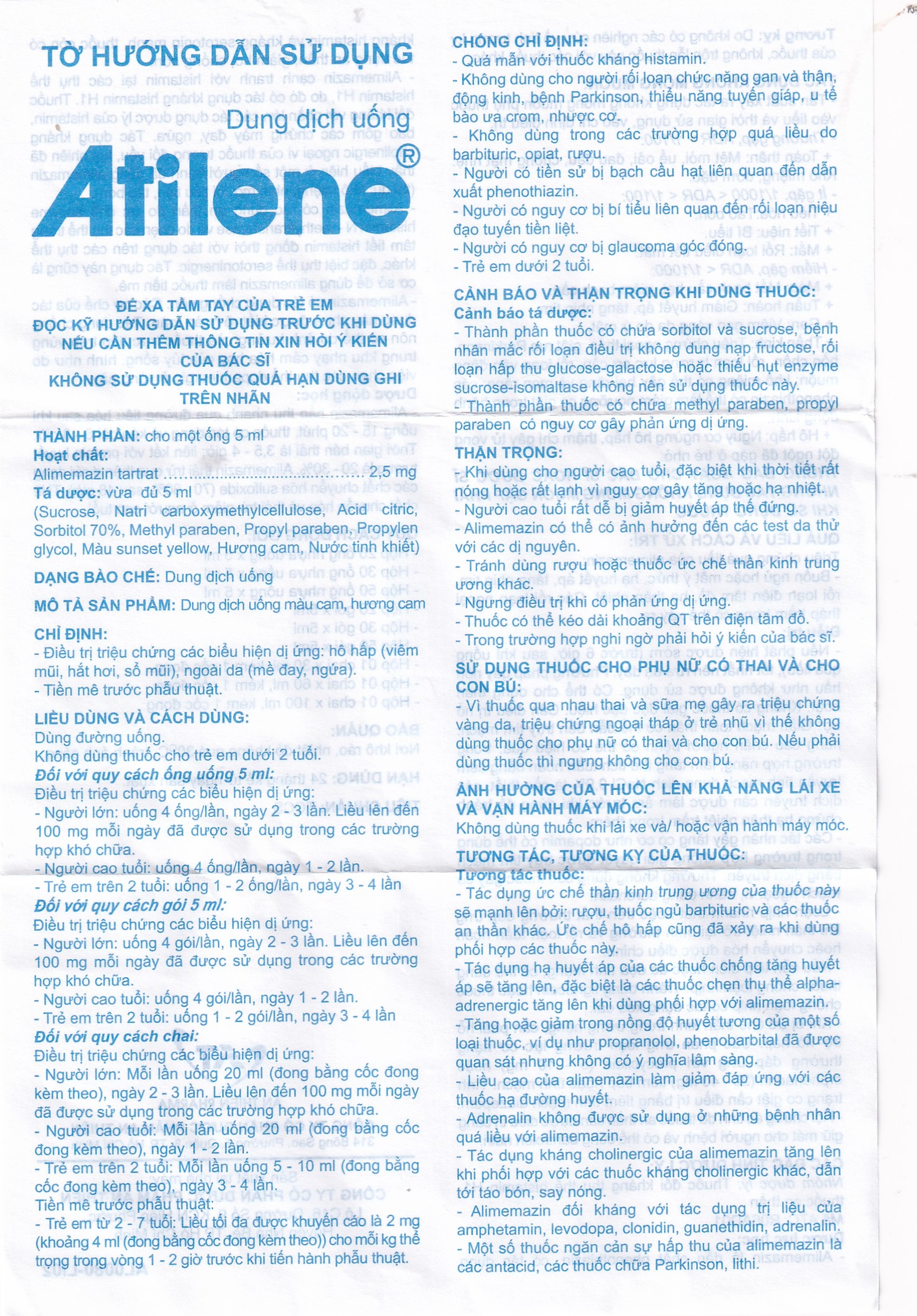 Thuốc Atilene 2,5mg/5ml An Thiên điều trị các bệnh hô hấp, viêm mũi, hắt hơi, sổ mũi (100ml)