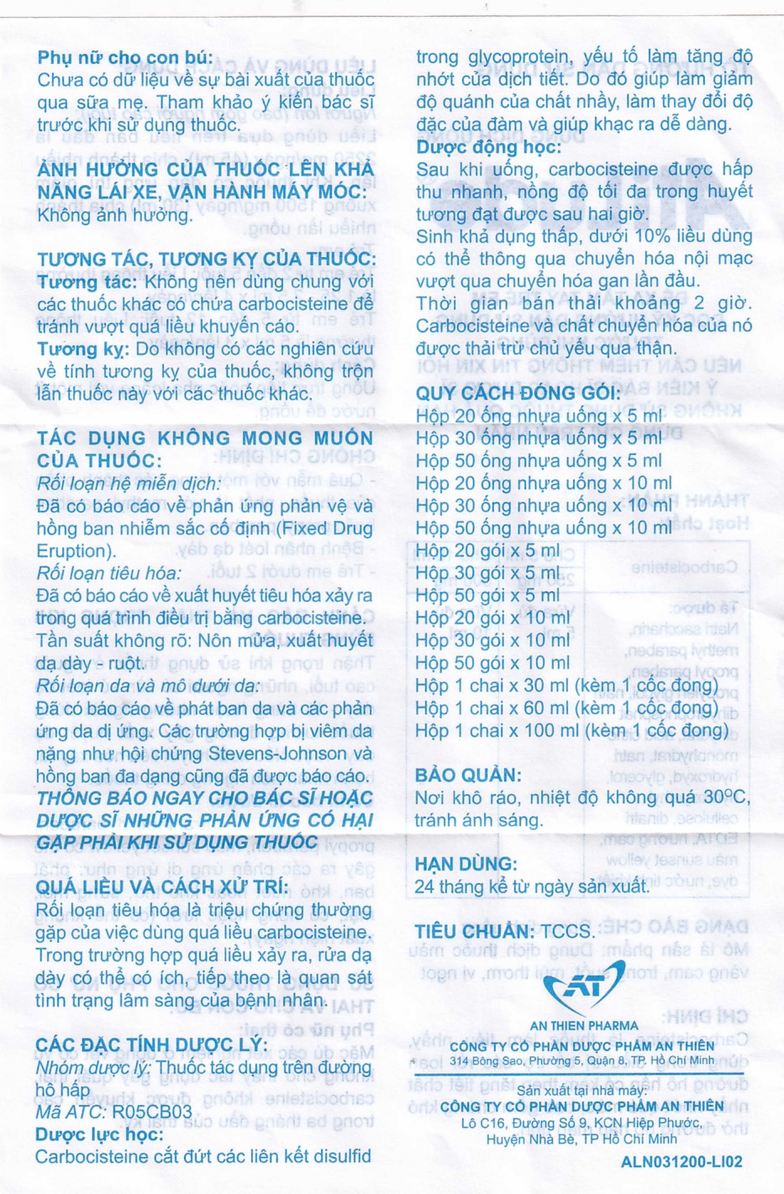 Dung dịch uống AtiLude 250mg/5ml An Thiên tiêu nhầy, rối loạn đường hô hấp (6 vỉ x 5 ống x 5ml)