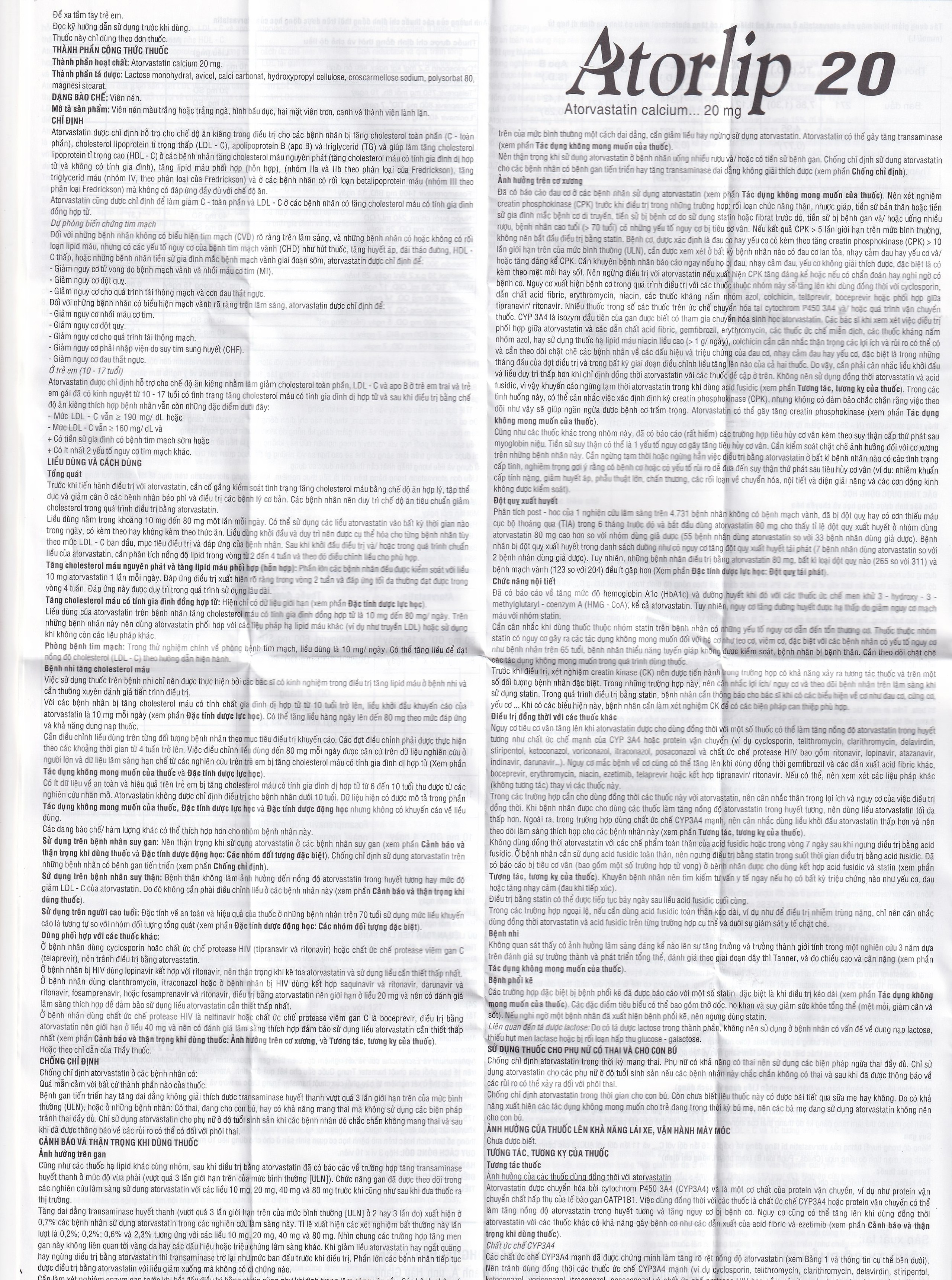 Thuốc Atorlip 20mg DHG điều trị tăng cholesterol toàn phần và LDL-cholesterol (3 vỉ x 10 viên)