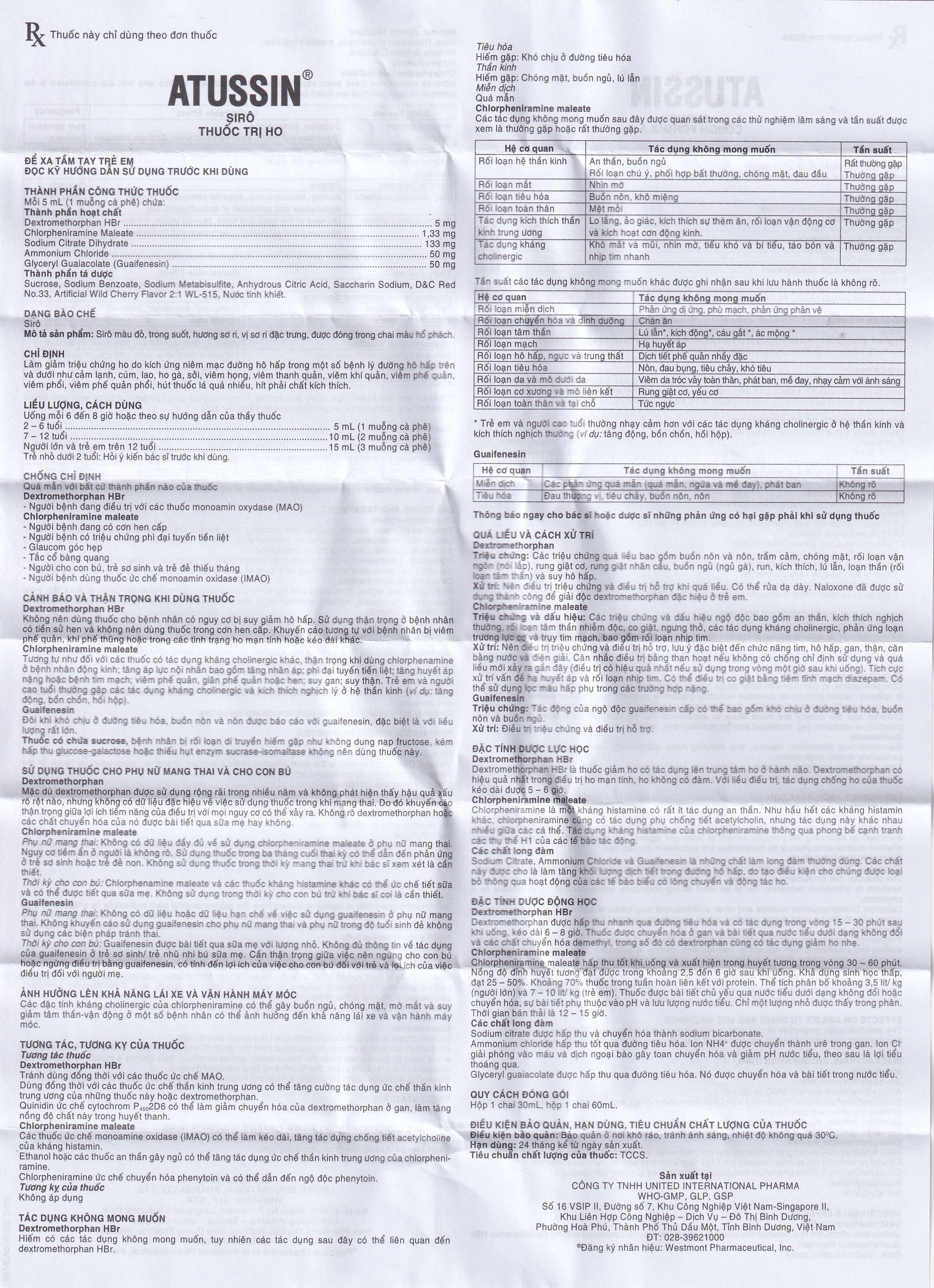 Siro ho Atussin United hỗ trợ giảm các triệu chứng ho (60ml)
