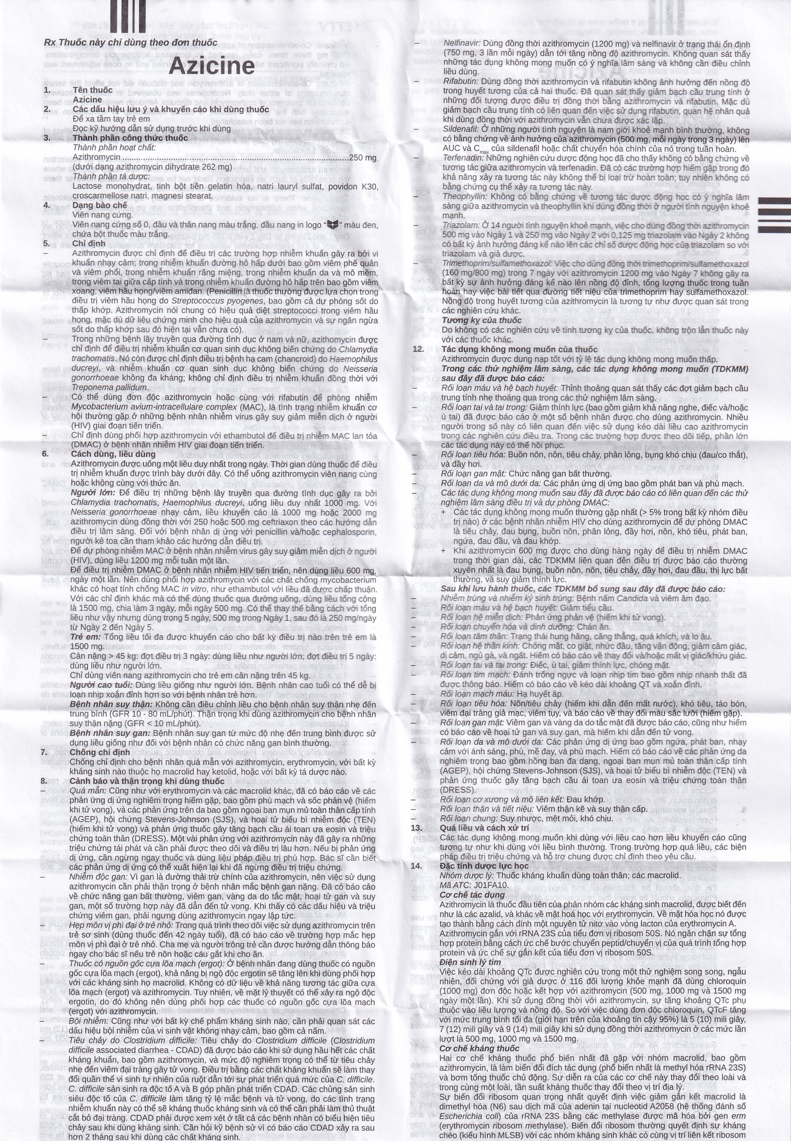 Thuốc Azicine 250mg Stella điều trị nhiễm khuẩn (1 vỉ x 6 viên)