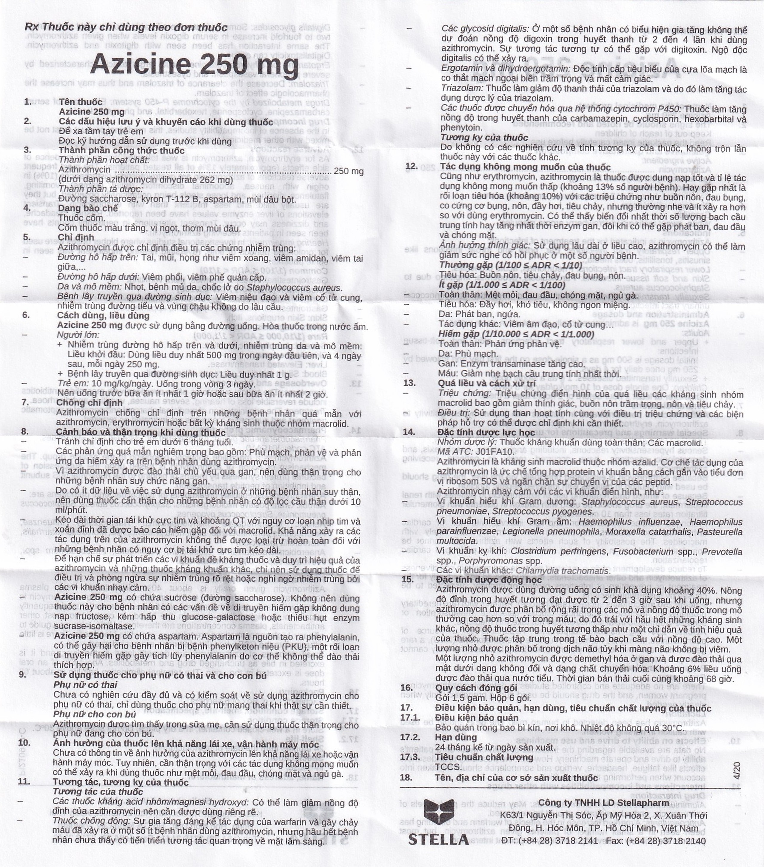 Thuốc cốm Azicine 250mg Stella điều trị nhiễm khuẩn (6 gói x 1g)