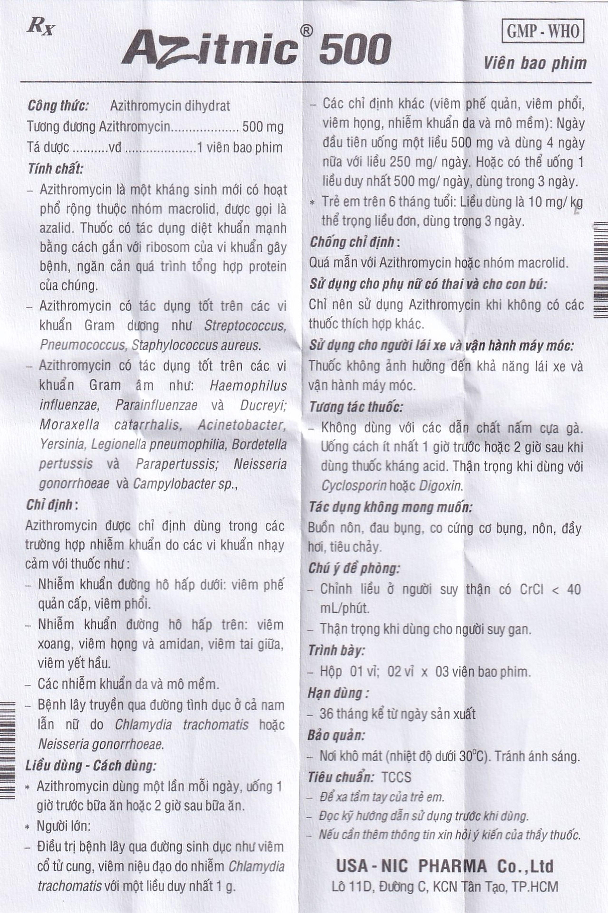 Thuốc Azitnic 500 USA - NIC Pharma điều trị nhiễm khuẩn (6 viên)