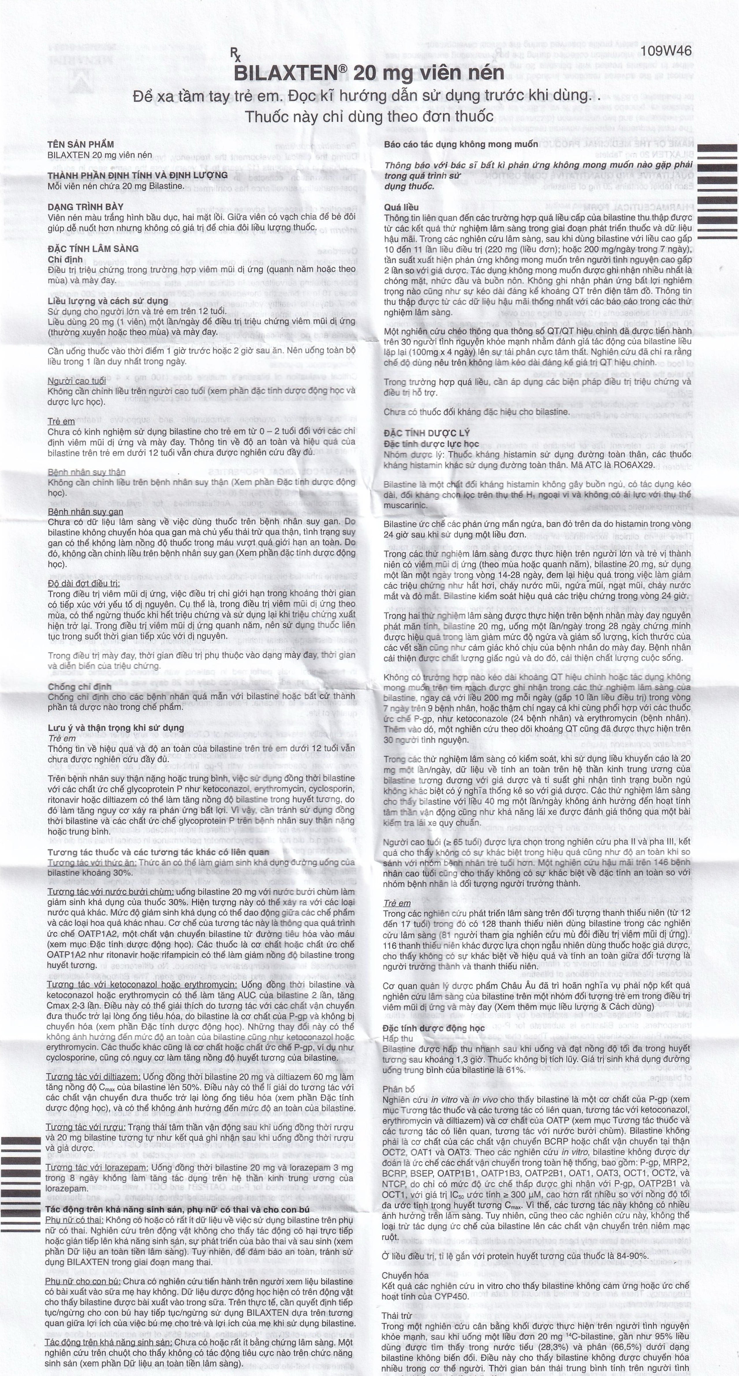 Thuốc Bilaxten 20mg Menarini điều trị viêm mũi dị ứng quanh năm hoặc theo mùa và mày đay (5 vỉ x 10 viên)