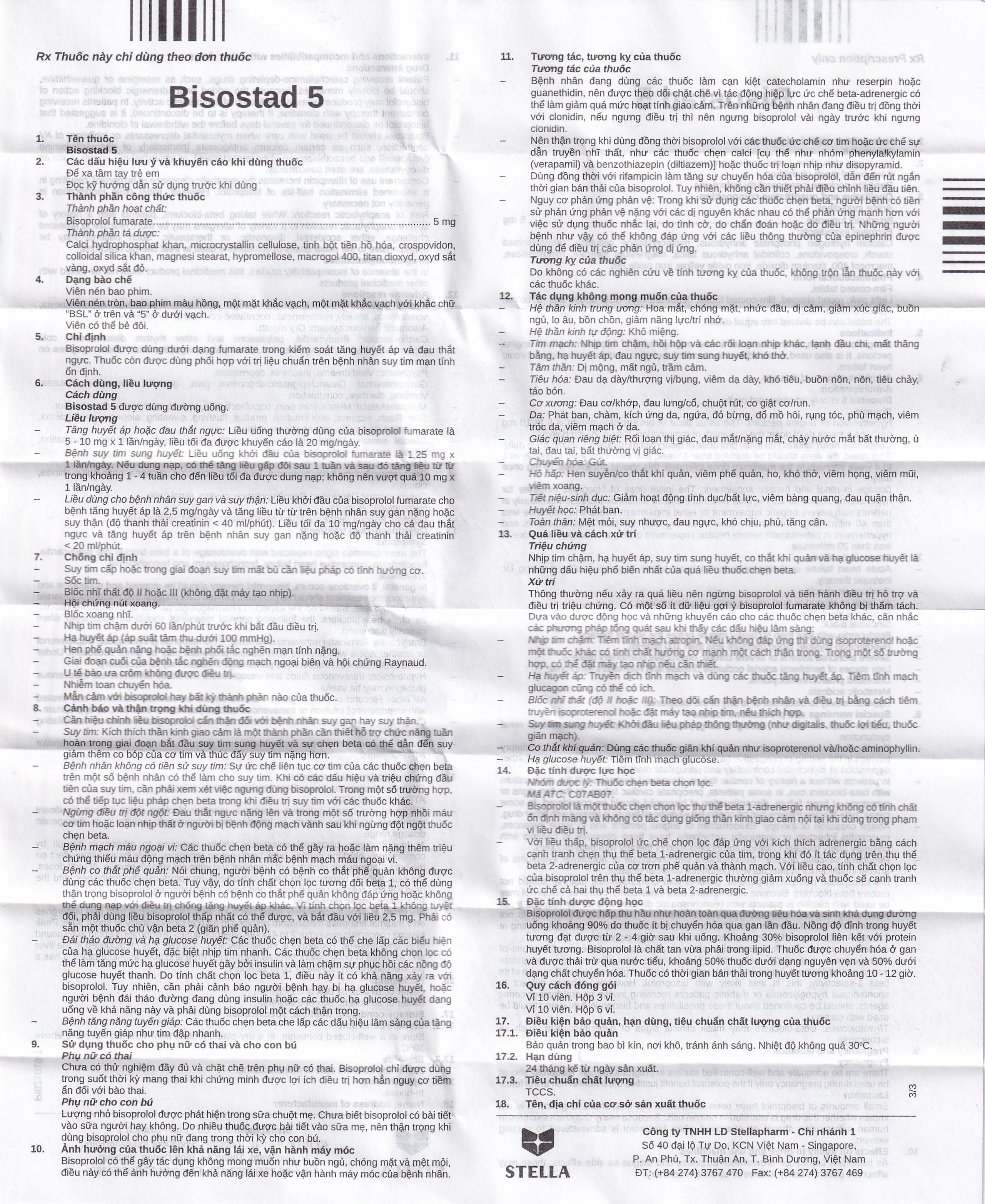 Thuốc Bisostad 5 Stella điều trị tăng huyết áp và đau thắt ngực (3 vỉ x 10 viên)