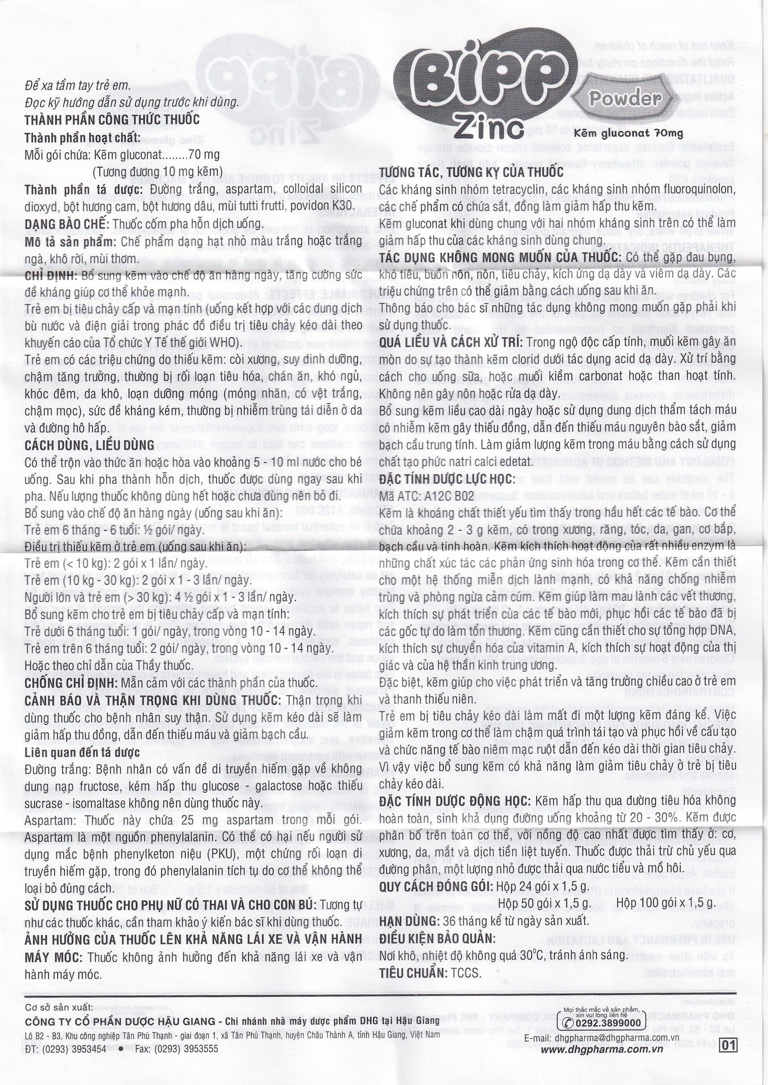 Thuốc Bipp zinc powder 70mg DHG giúp bổ sung kẽm, tăng cường sức để kháng cho trẻ em (24 gói x 1.5g)