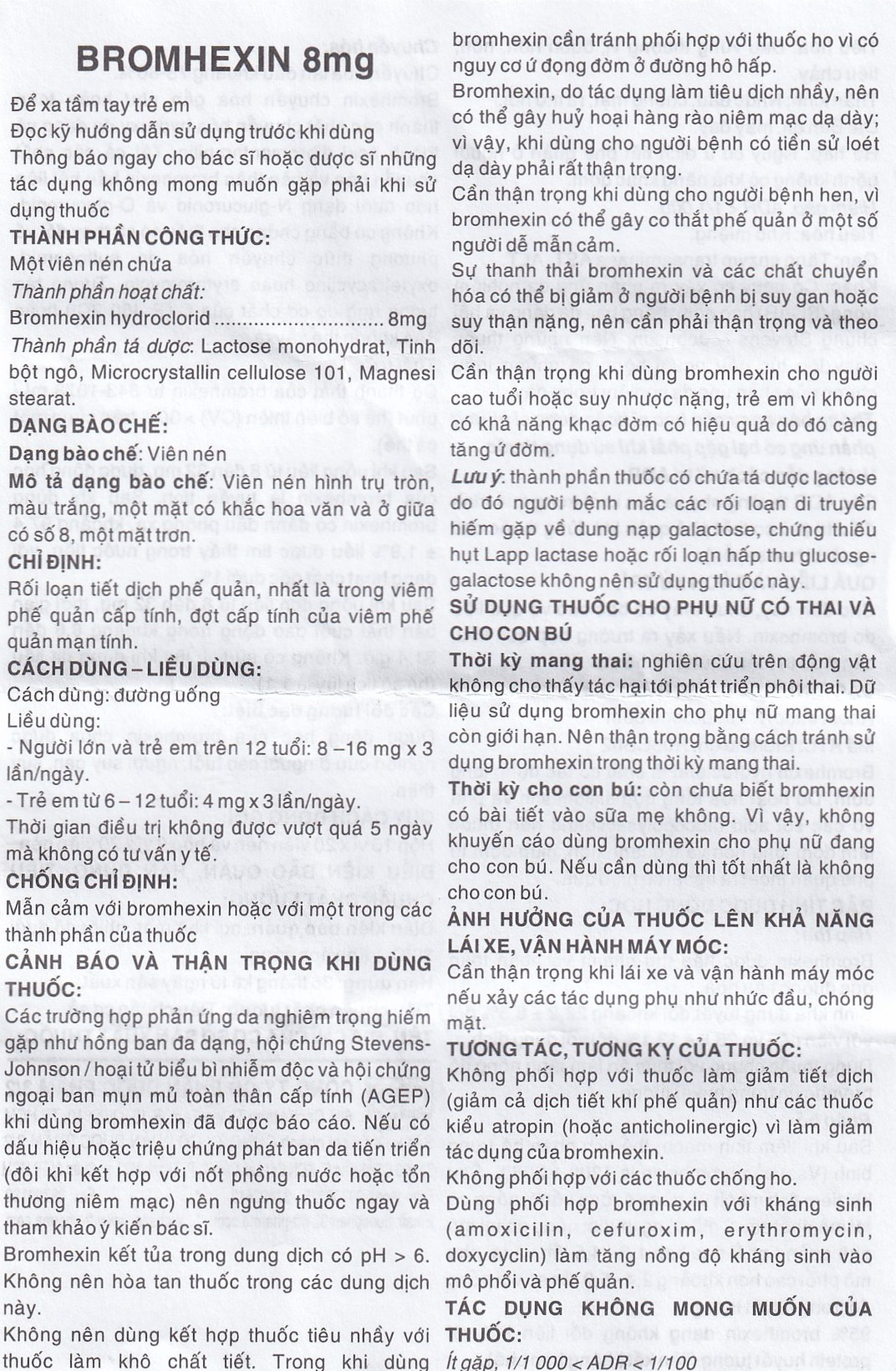 Thuốc Bromhexin 8mg Dược 3-2 tan đàm trong viêm khí phế quản, viêm phế quản mạn tính (10 vỉ x 20 viên)