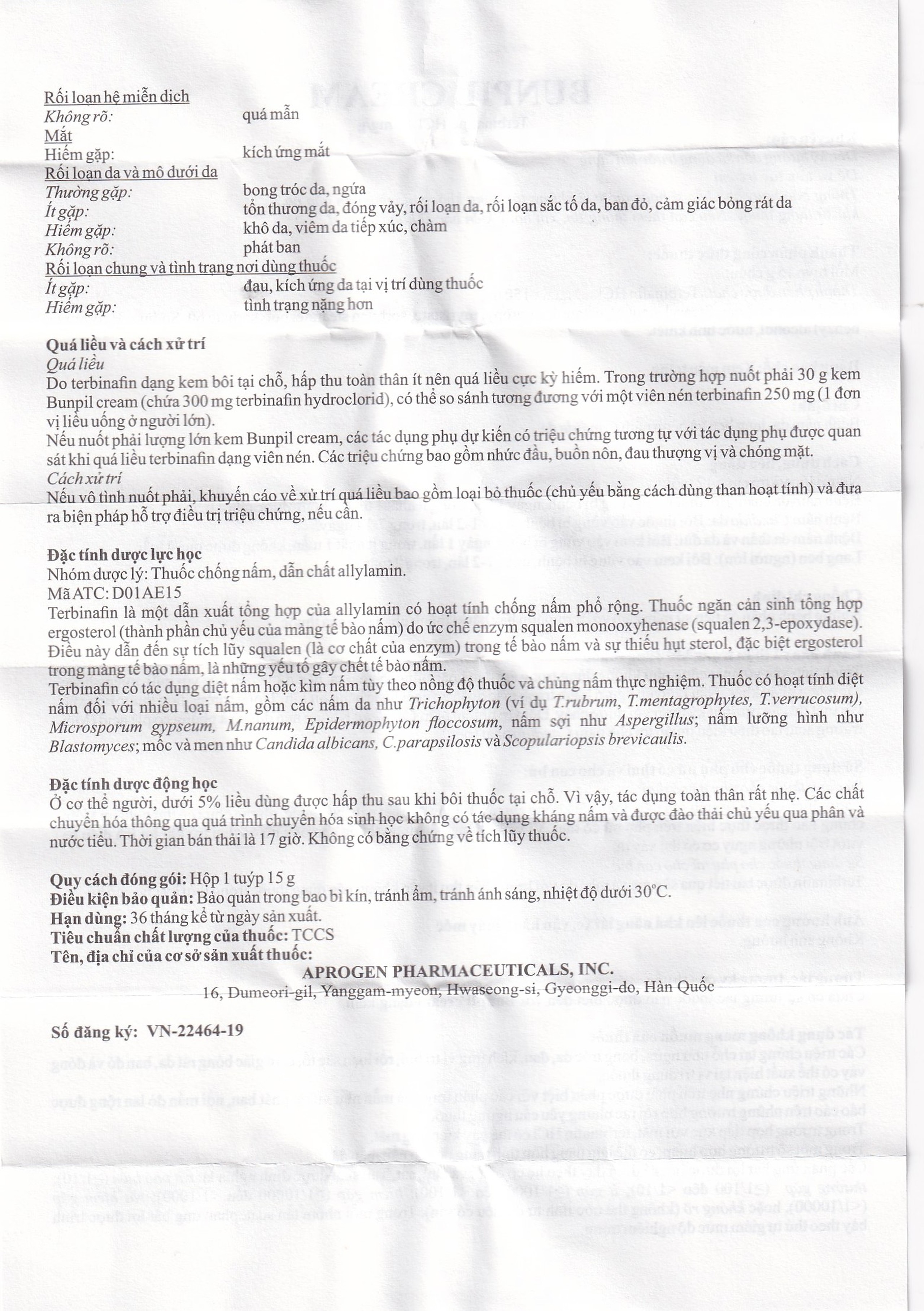 Kem bôi ngoài da Bunpil 10mg Aprogen điều trị nấm da, lang ben (15g)