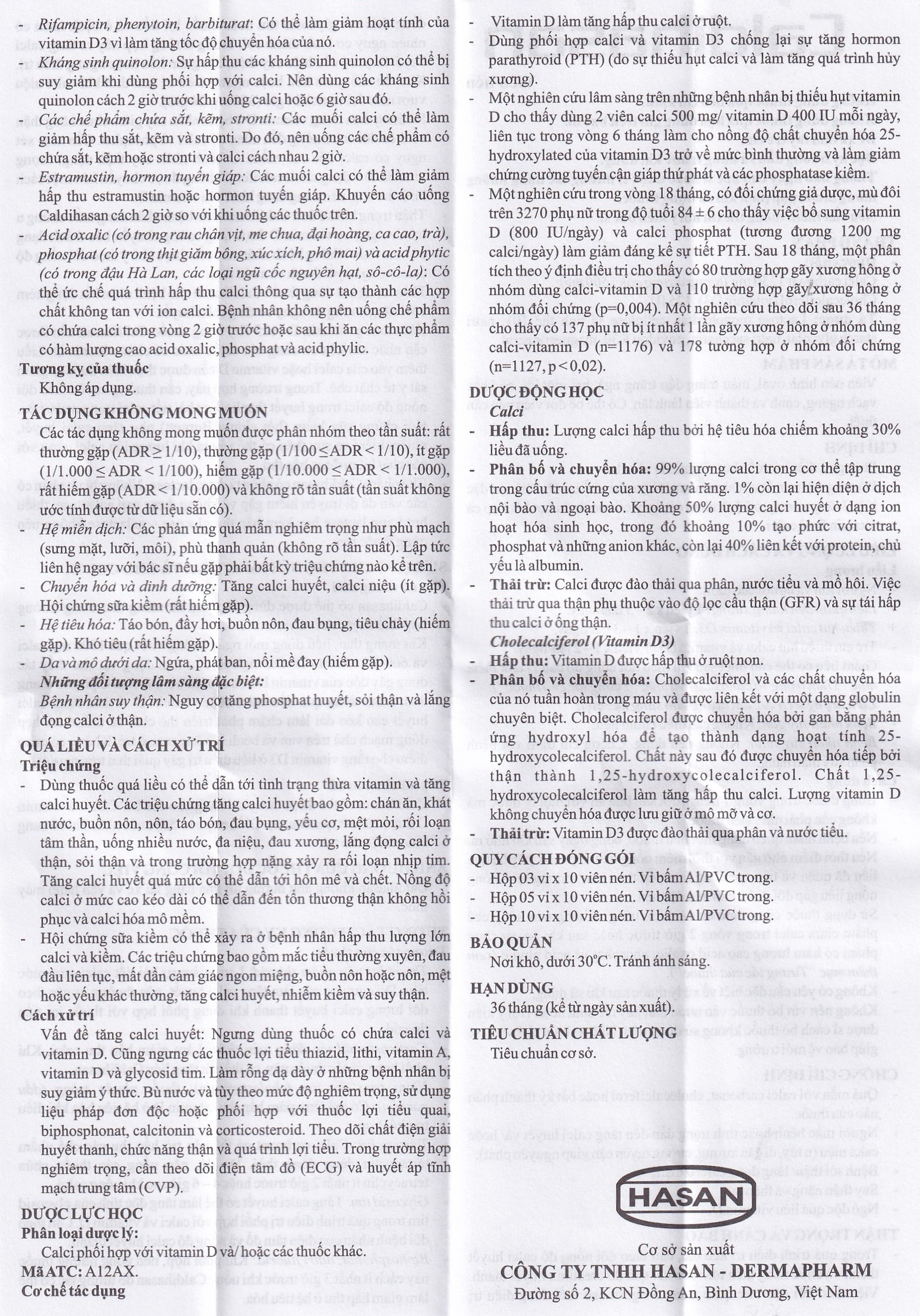 Thuốc Caldihasan 1250mg/125IU Hasan phòng và điều trị thiếu hụt vitamin D, canxi (3 vỉ x 10 viên)