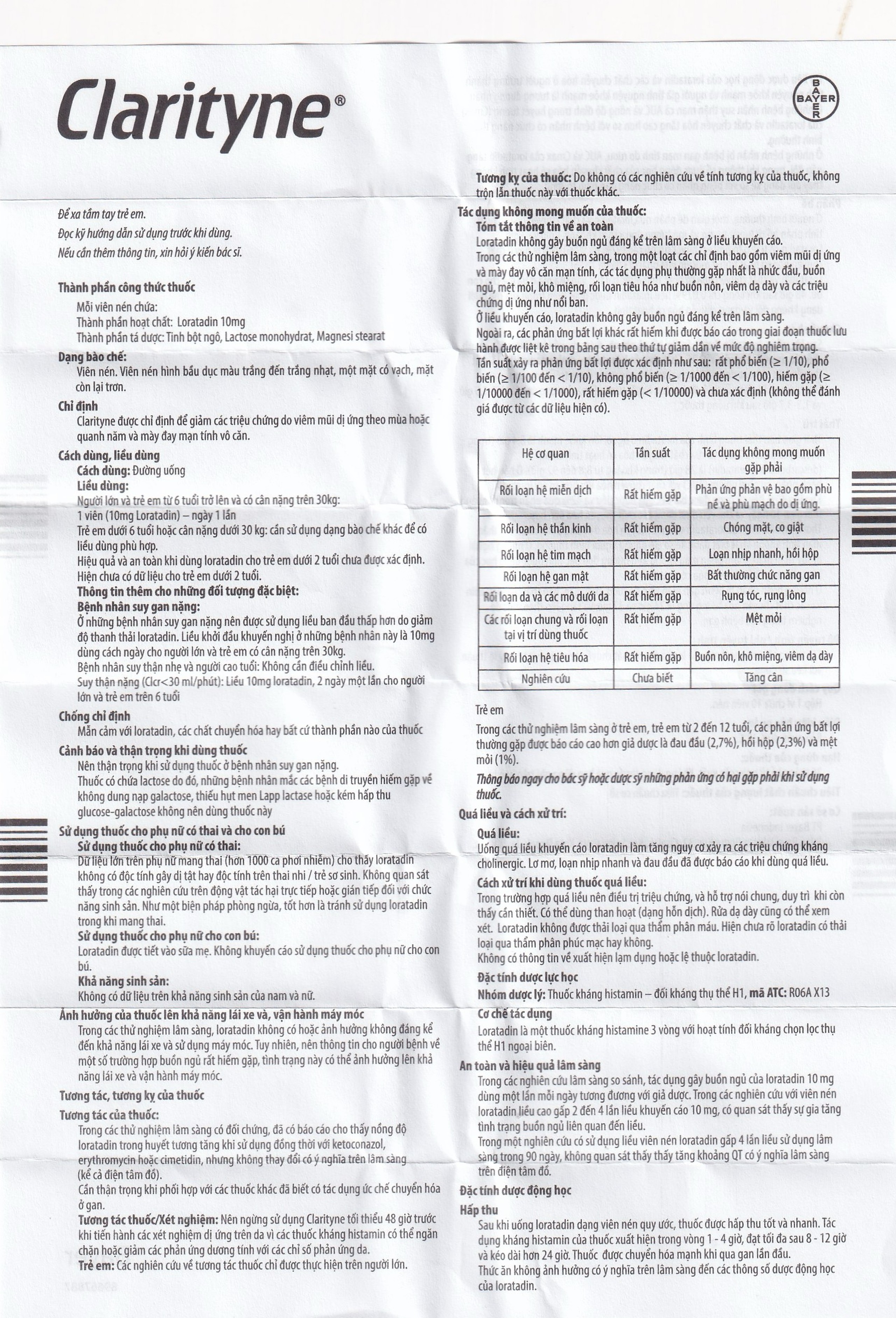 Thuốc Clarityne 10mg Bayer giảm các triệu chứng do viêm mũi dị ứng và mày đay mạn tính vô căn (1 vỉ x 10 viên)