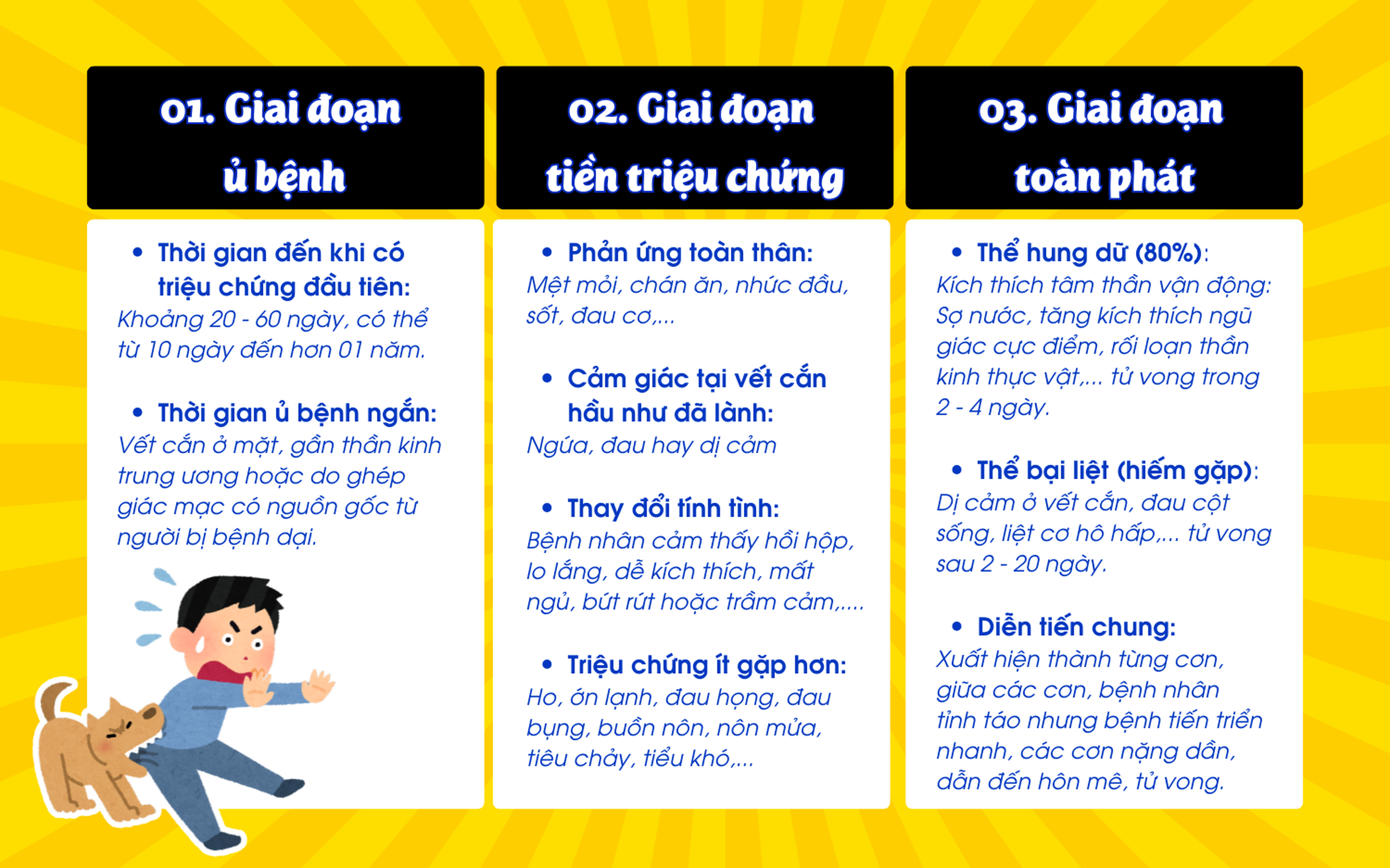 Các giai đoạn của bệnh dại ở người và triệu chứng