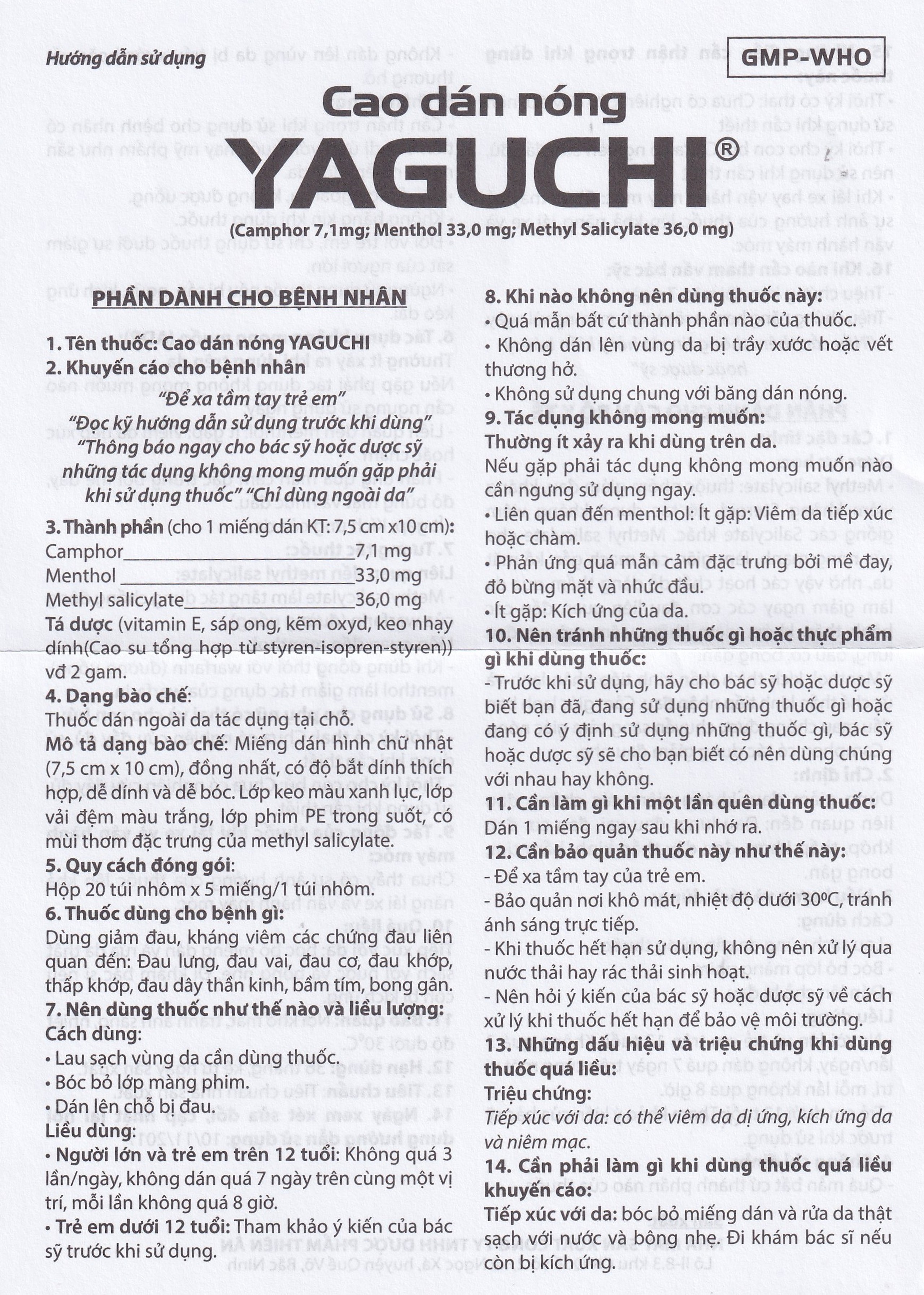 Cao dán Yaguchi Tatra giảm đau, kháng viêm trong các cơn đau vai, đau lưng (5 miếng)