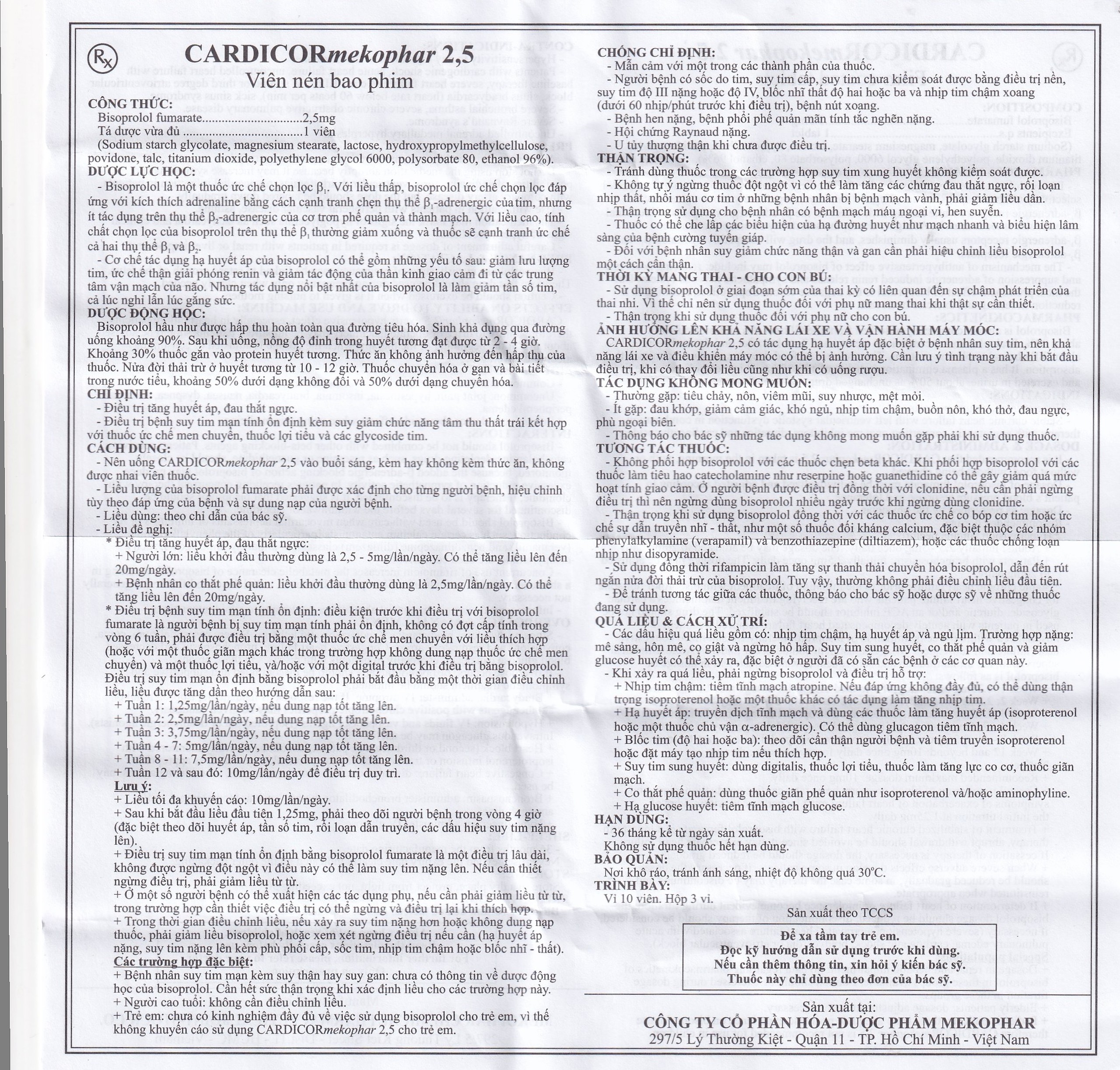 Thuốc Cardicor Mekophar 2.5 điều trị tăng huyết áp, đau thắt ngực (3 vỉ x 10 viên)
