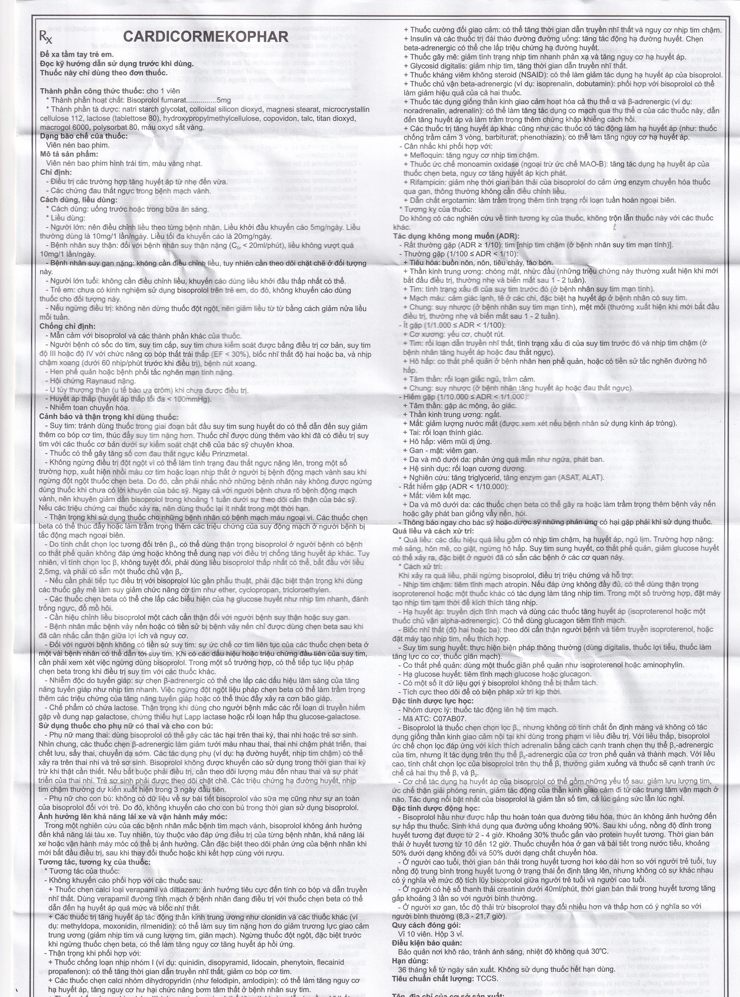 Thuốc Cardicor Mekophar 5 điều trị cao huyết áp, đau thắt ngực (3 vỉ x 10 viên)