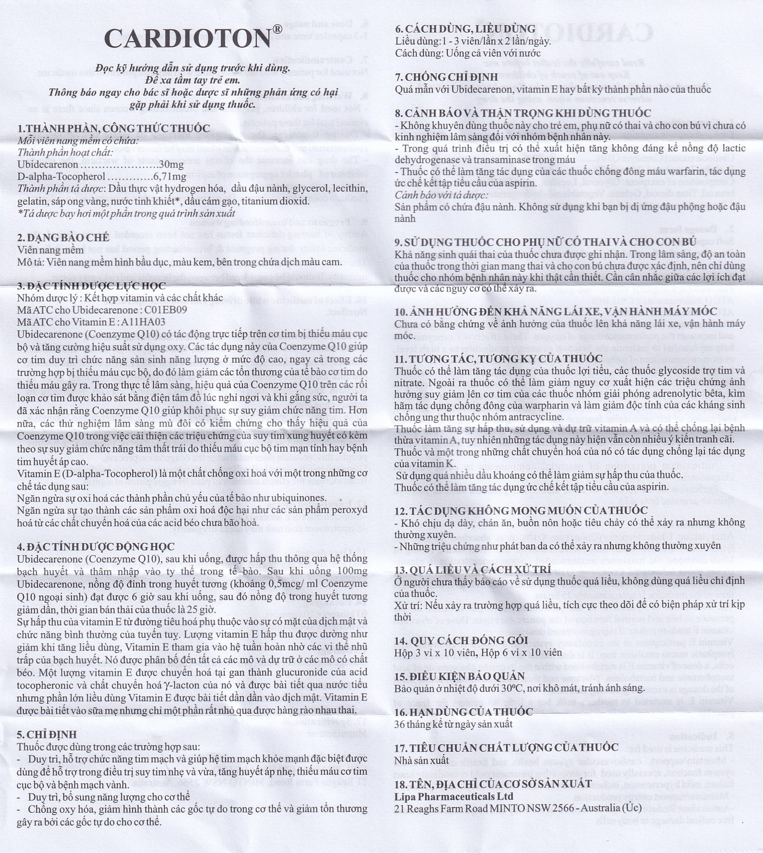 Thuốc Cardioton Lipa Pharma điều trị suy tim, tăng huyết áp, bổ sung năng lượng (6 vỉ x 10 viên) 