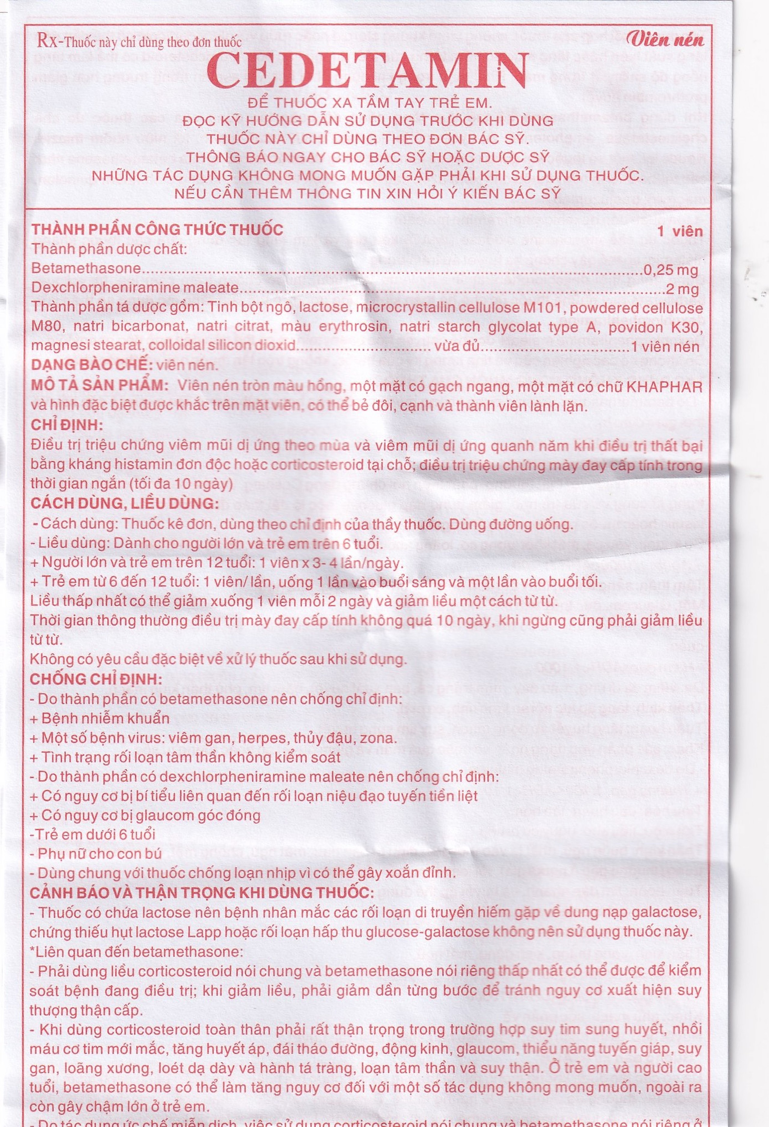 Thuốc Cedetamin Khapharco điều trị viêm mũi dị ứng, mày đay (2 vỉ x 15 viên) 