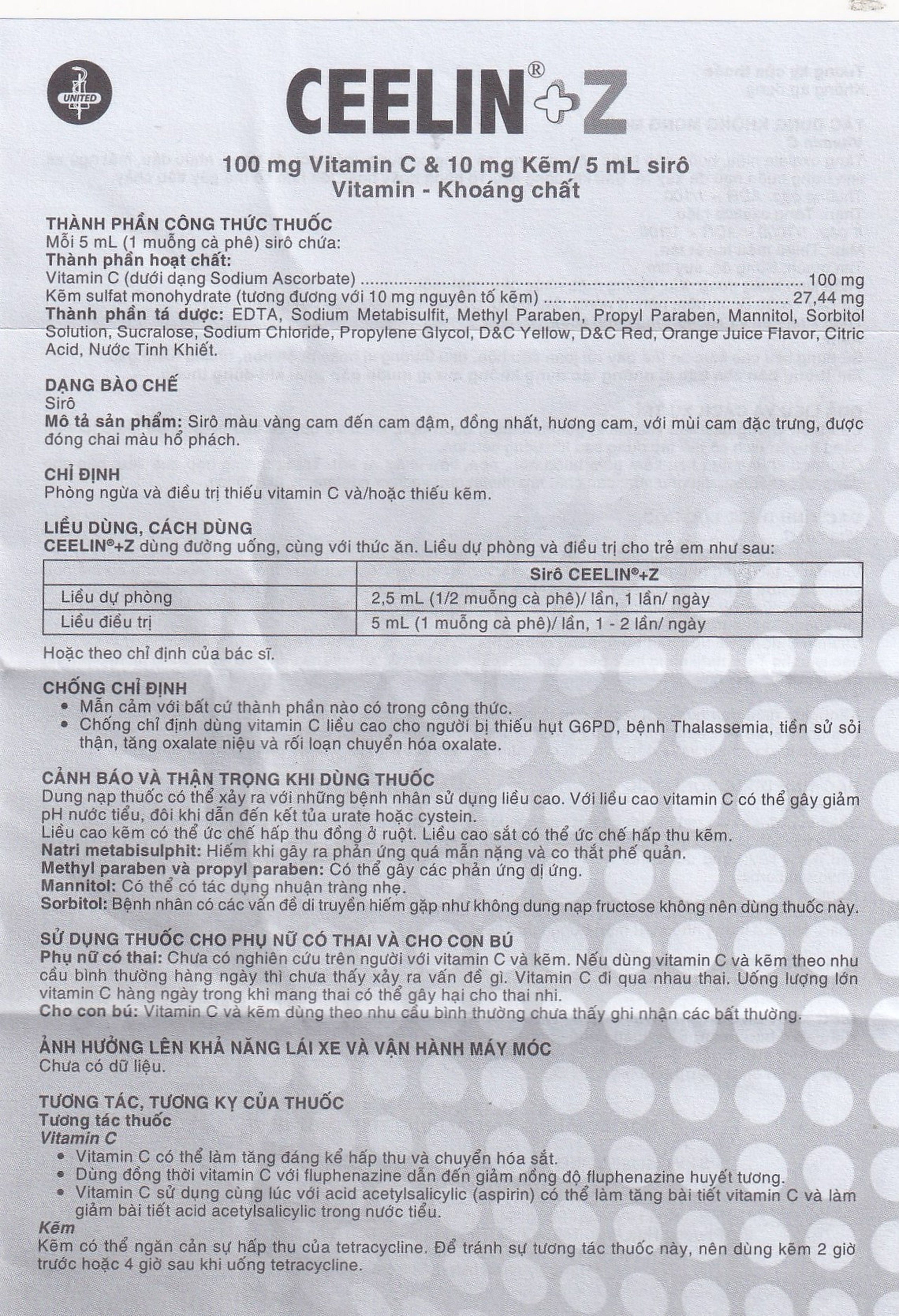 Siro Ceelin + Z United phòng ngừa và điều trị thiếu vitamin C hoặc thiếu kẽm (60ml)