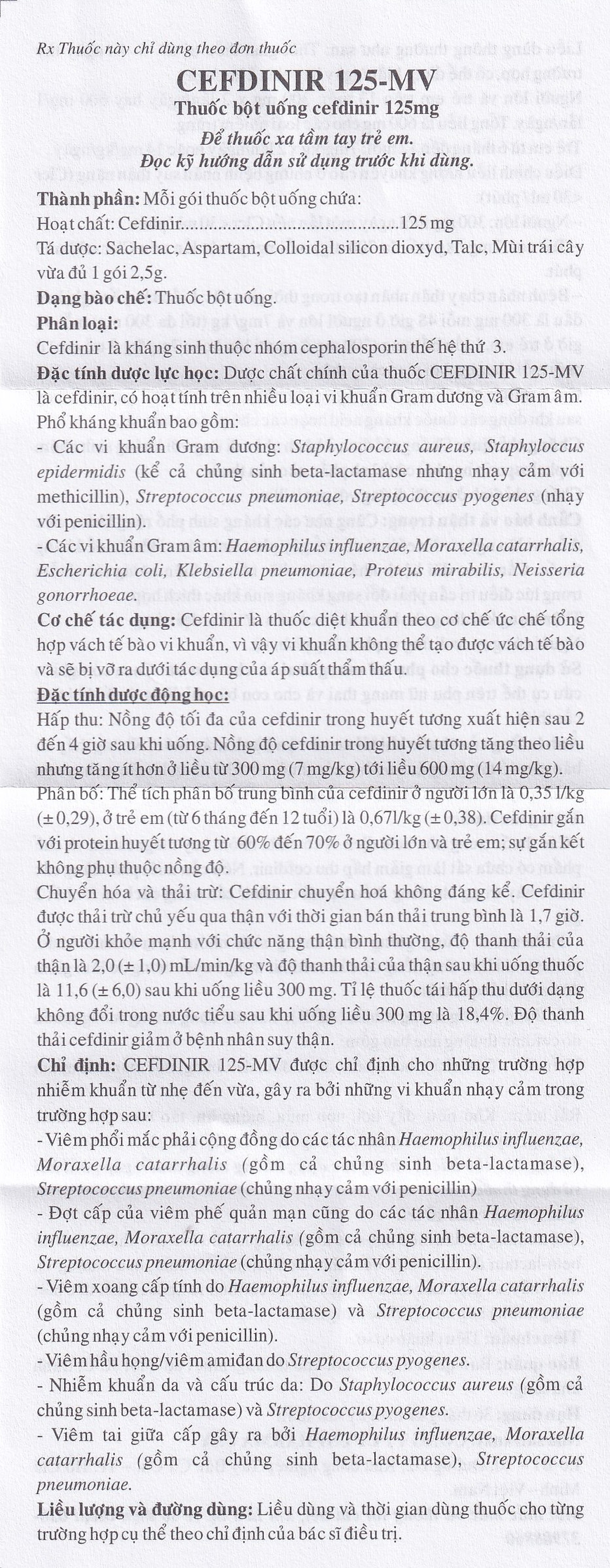Bột pha hỗn dịch uống Cefdinir 125 - MV USP điều trị nhiễm khuẩn (10 gói)