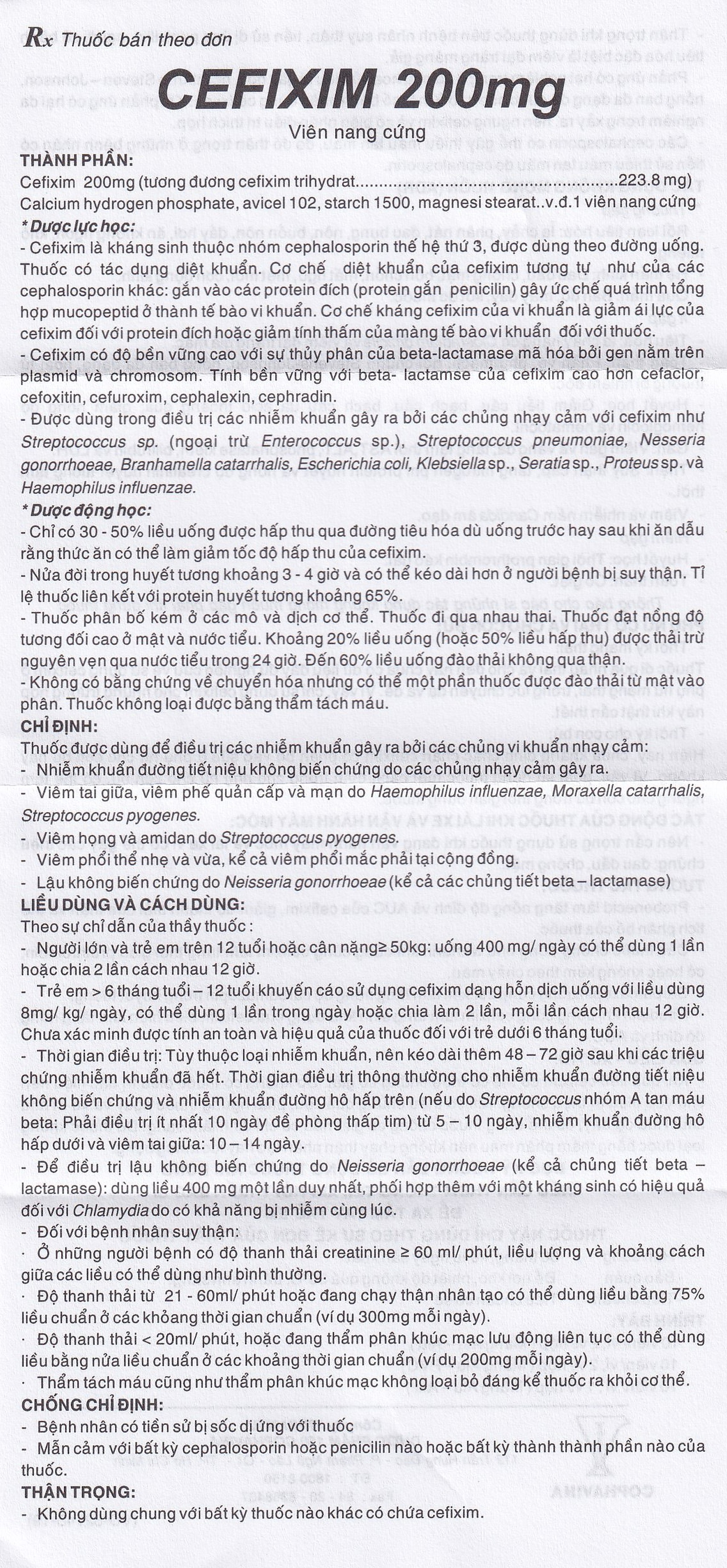 Thuốc Cefixim 200mg Cophavina điều trị nhiễm khuẩn (2 vỉ x 10 viên)