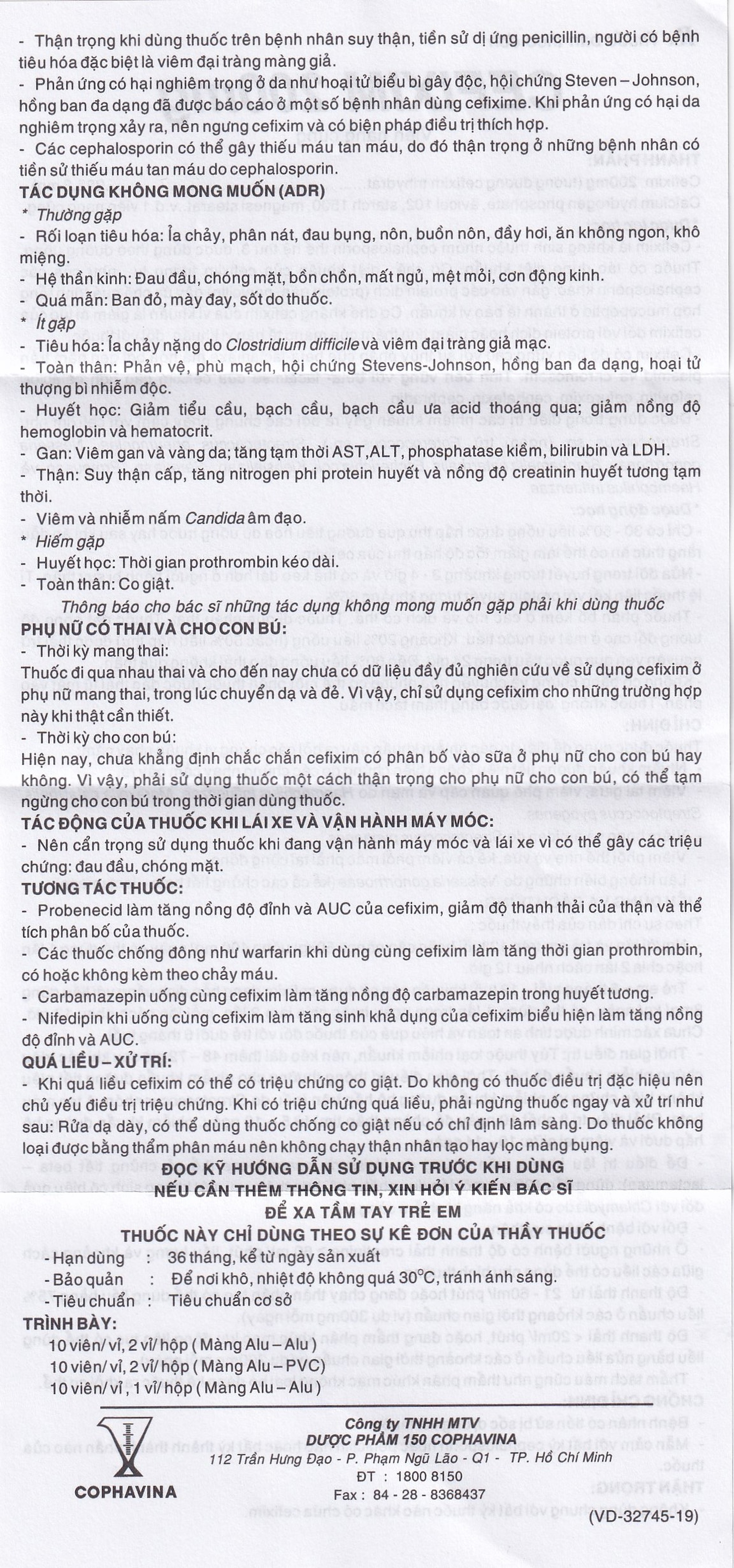 Thuốc Cefixim 200mg Cophavina điều trị nhiễm khuẩn (2 vỉ x 10 viên)