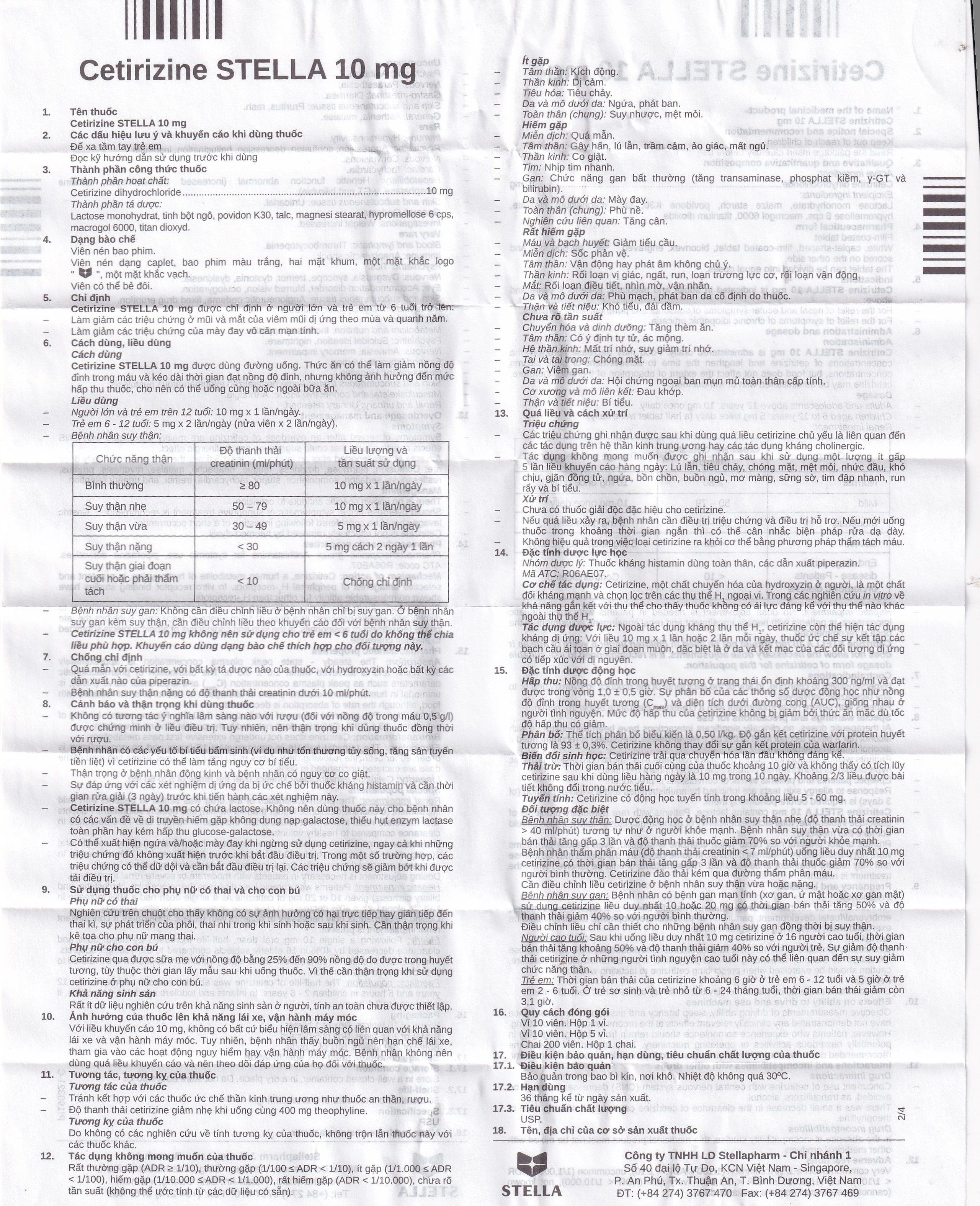 Thuốc Cetirizine Stella 10mg giảm viêm mũi dị ứng, mày đay (5 vỉ x 10 viên)