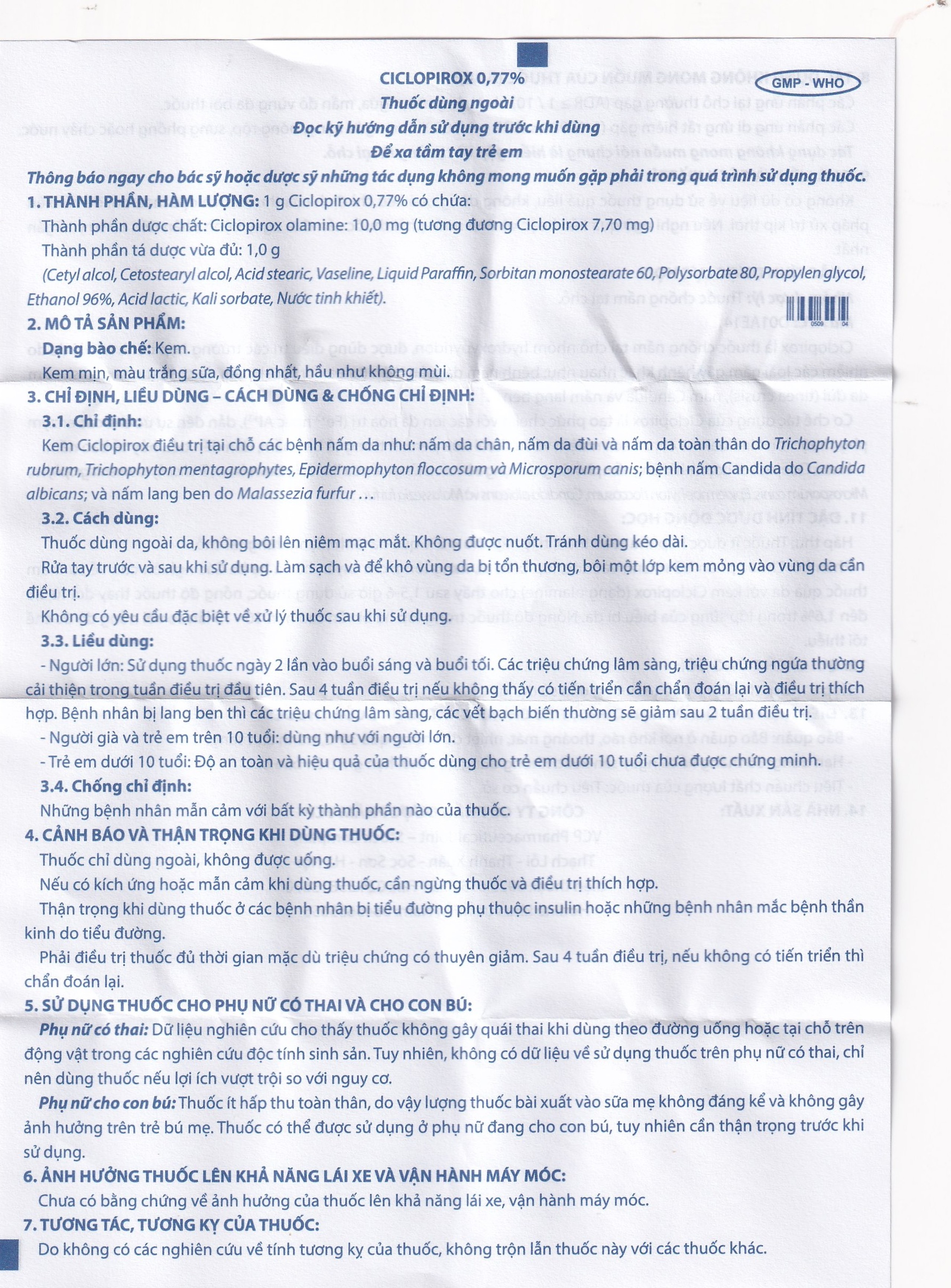 Kem bôi da Ciclopirox 0,77% VCP điều trị nấm da chân, nấm da đùi và nấm da toàn thân (15g)