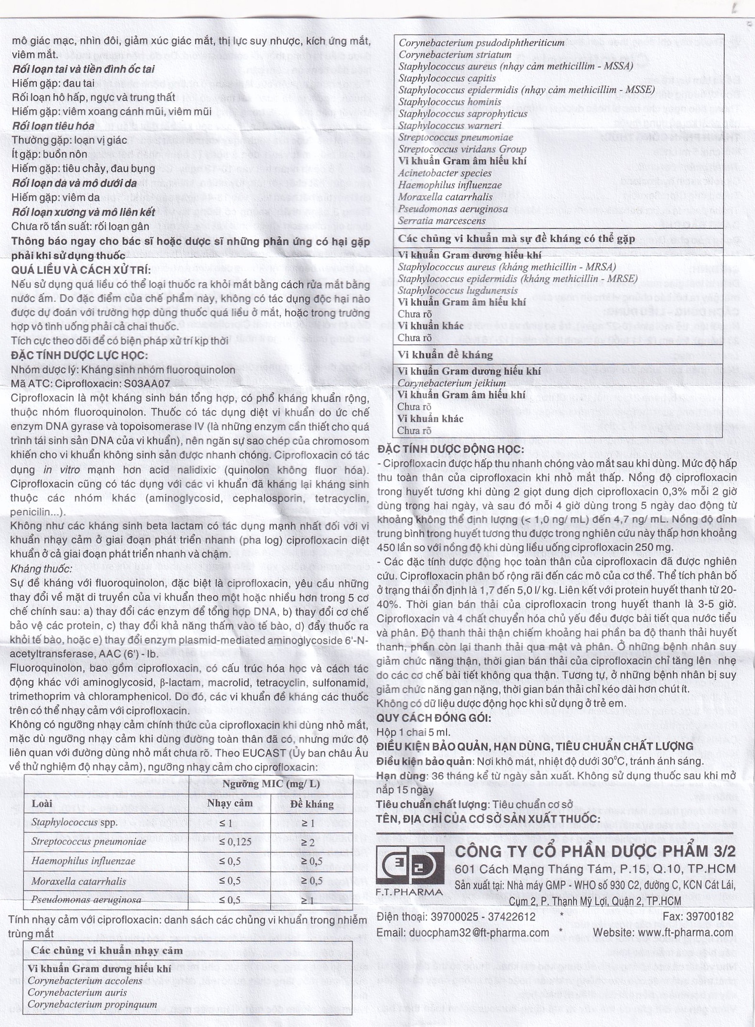 Thuốc nhỏ mắt Ciprofloxacin 0.3% Dược 3-2 điều trị loét giác mạc (5ml)