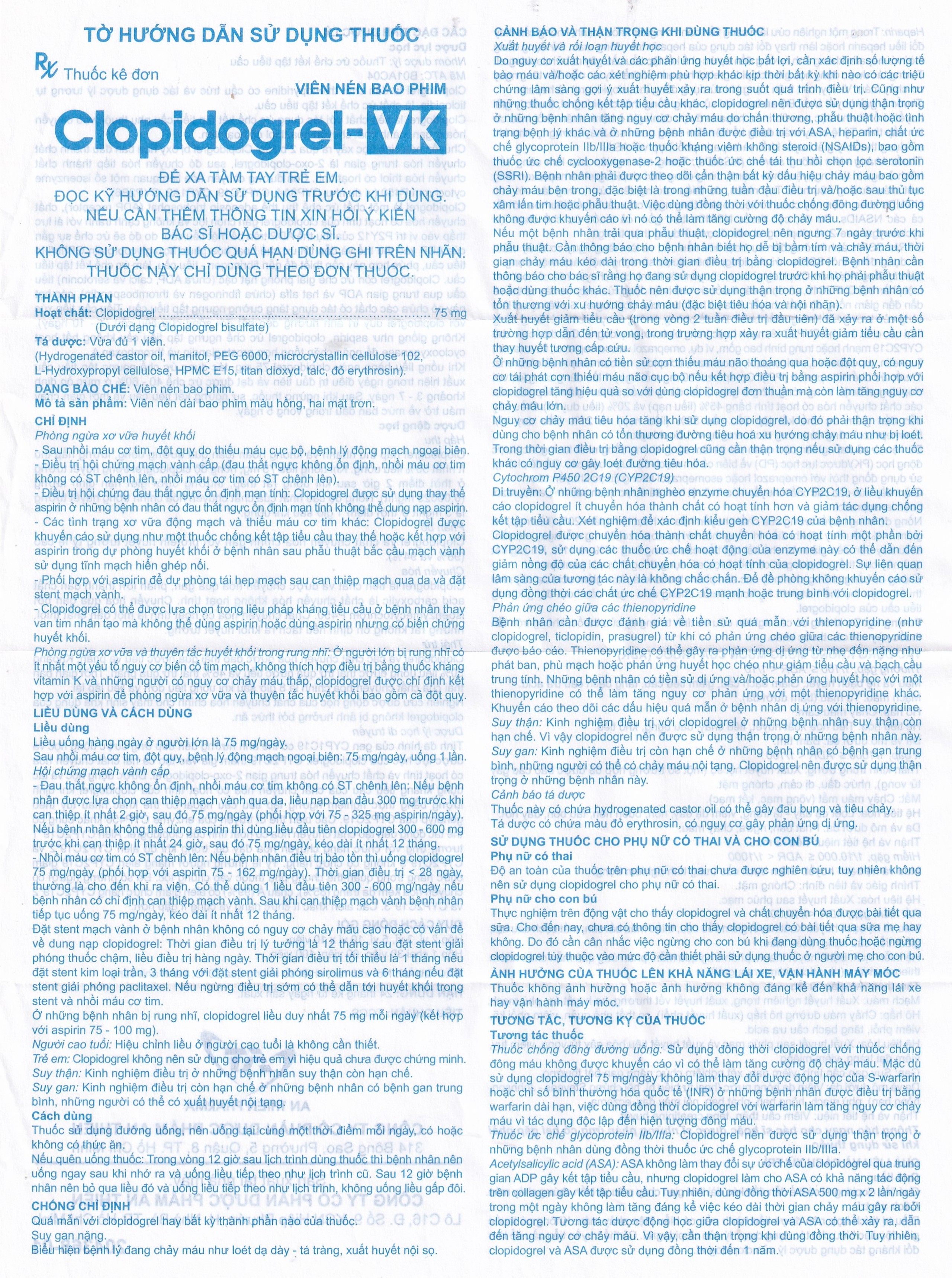 CLOPIDOGREL-VK 75MG AN THIÊN 3X10