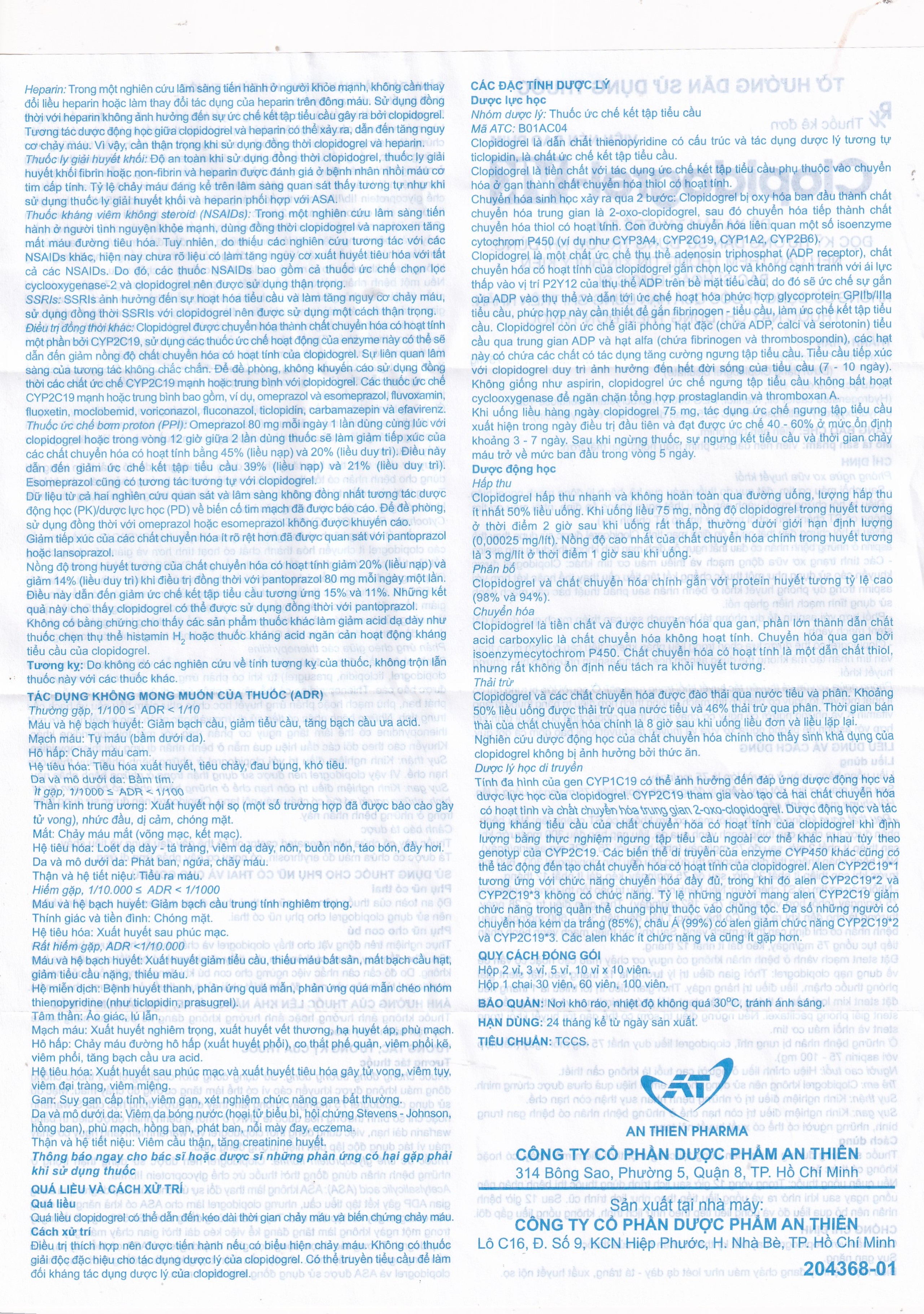 CLOPIDOGREL-VK 75MG AN THIÊN 3X10