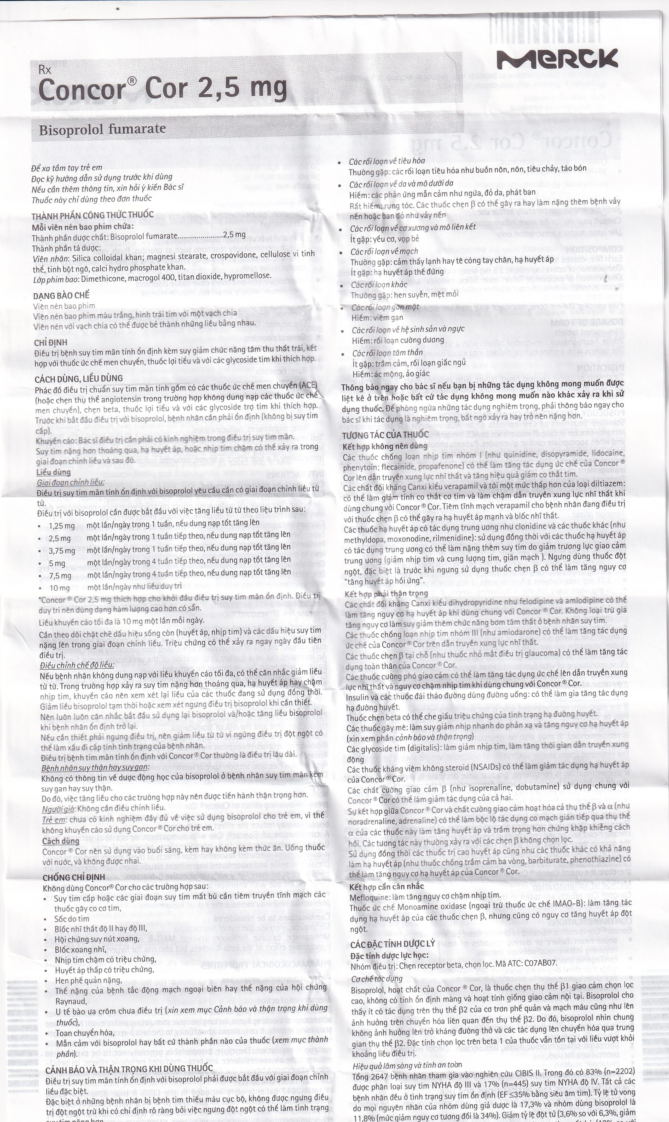 Thuốc Concor Cor 2.5mg Merck điều trị suy tim mãn tính (3 vỉ x 10 viên)