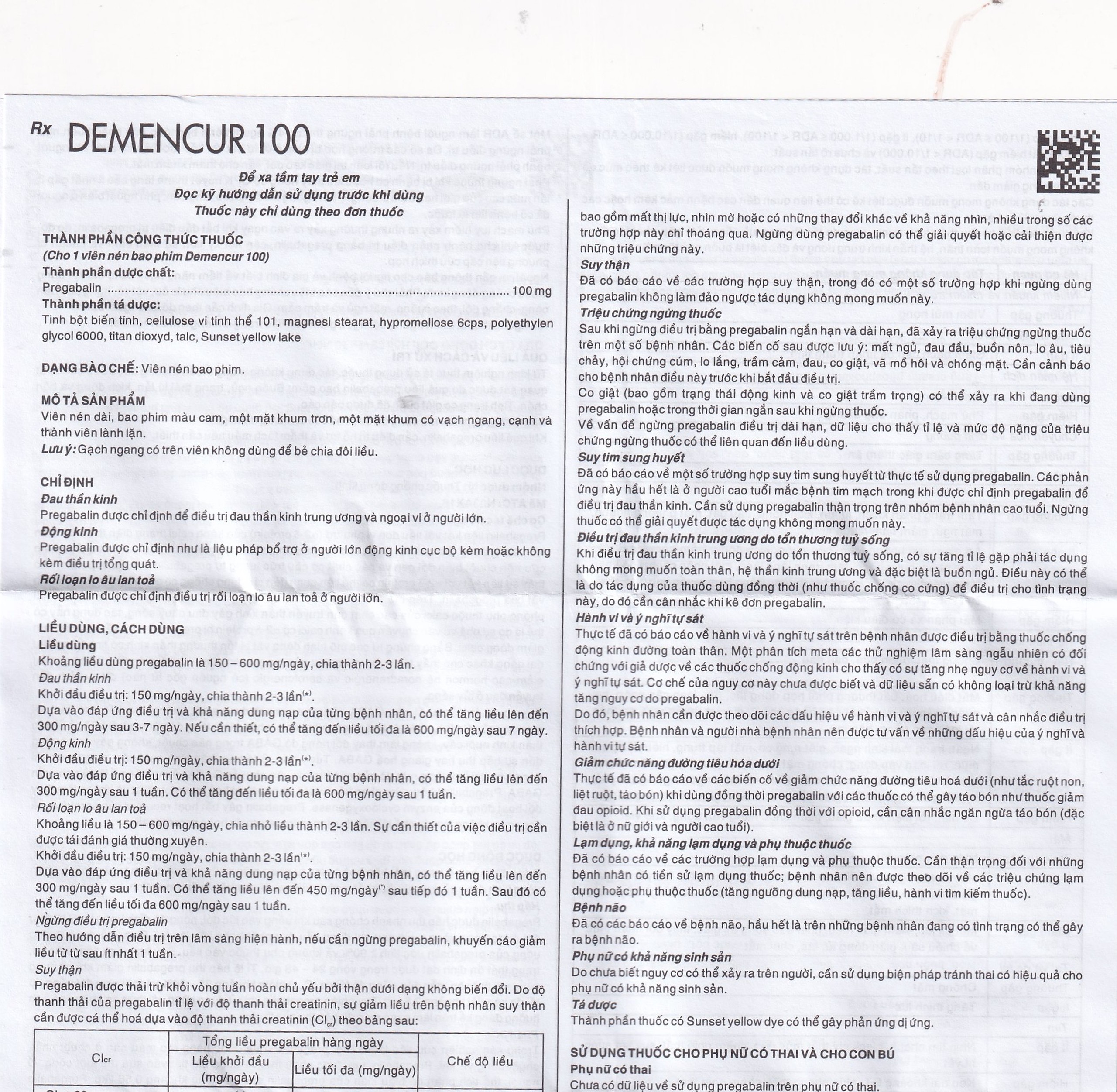 Thuốc Demencur 100 DaviPharm điều trị đau thần kinh trung ương và ngoại vi (3 vỉ x 10 viên)