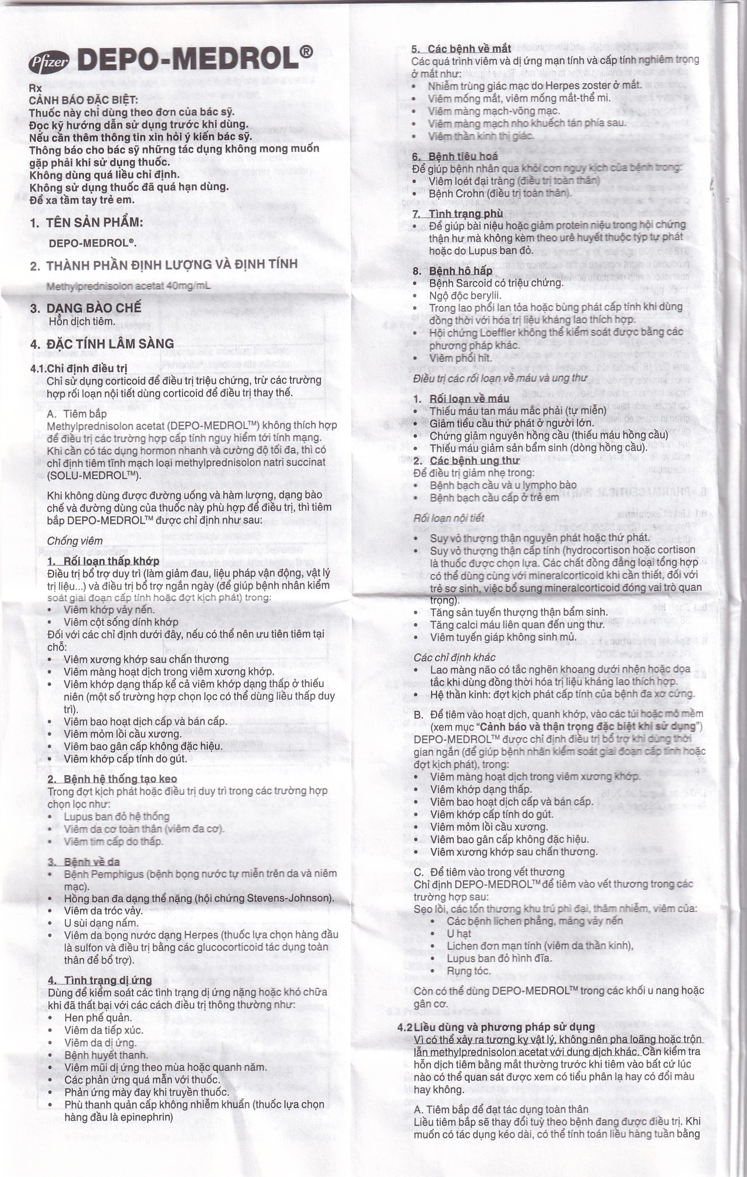 Thuốc tiêm Depo Medrol 40mg Pfizer chống viêm và điều trị các rối loạn về máu, ung thư (1 lọ x 1ml)
