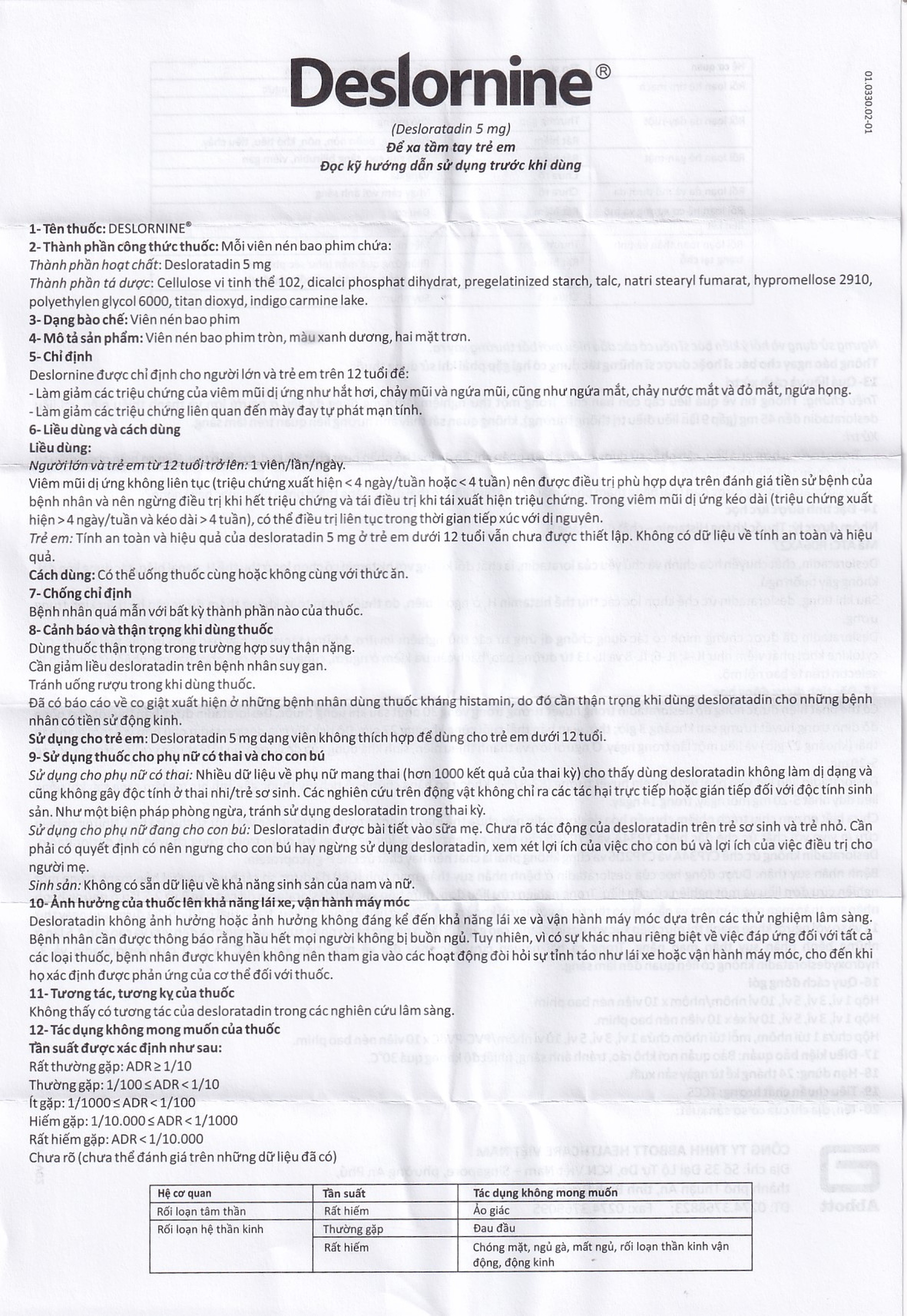Thuốc Deslornine Abbott 5mg Làm giảm các triệu chứng của viêm mũi dị ứng (3 vỉ x 10 viên)