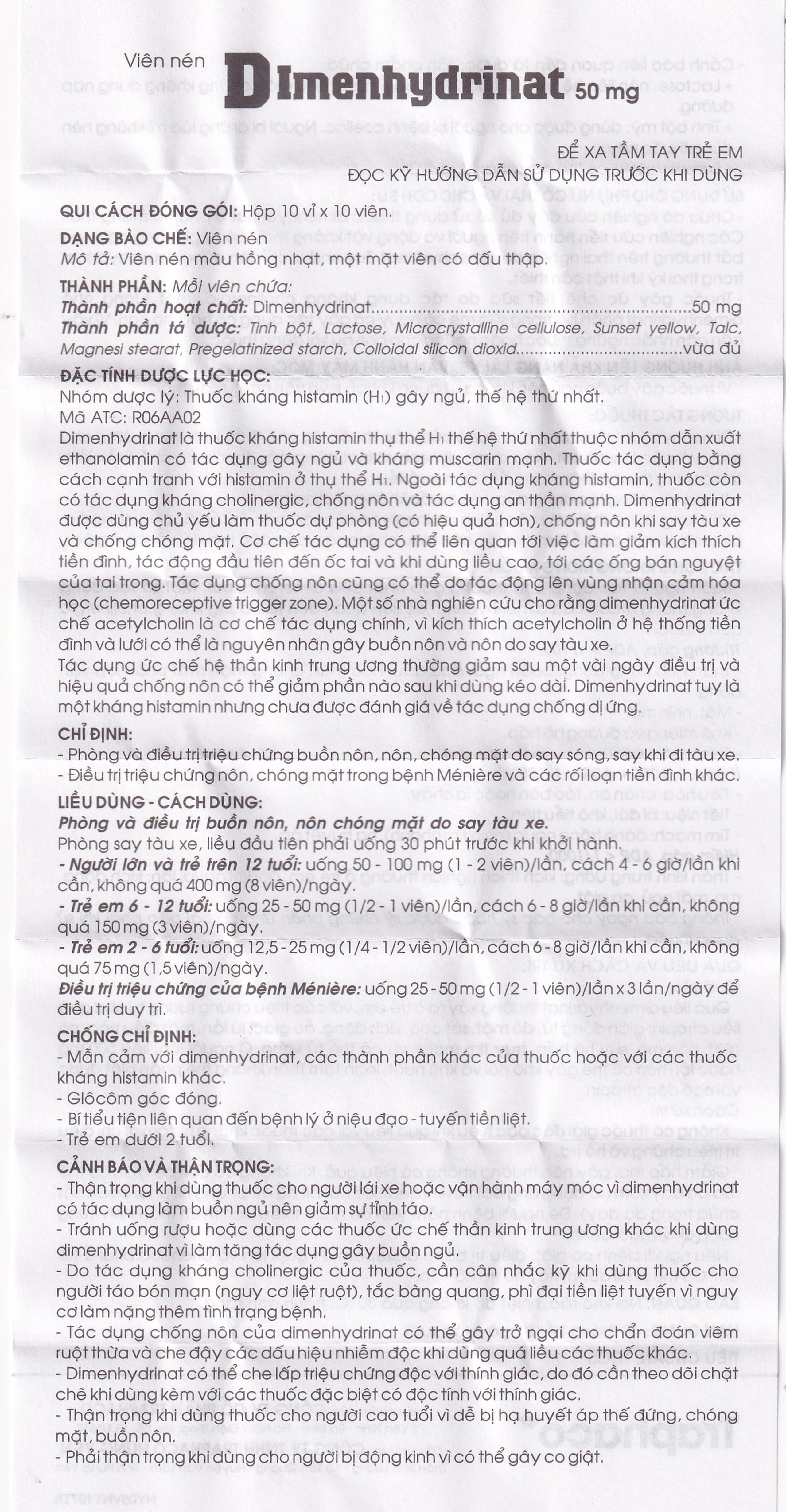 Thuốc Dimenhydrinat 50mg Traphaco chống nôn, chống say tàu xe (10 vỉ x 10 viên)