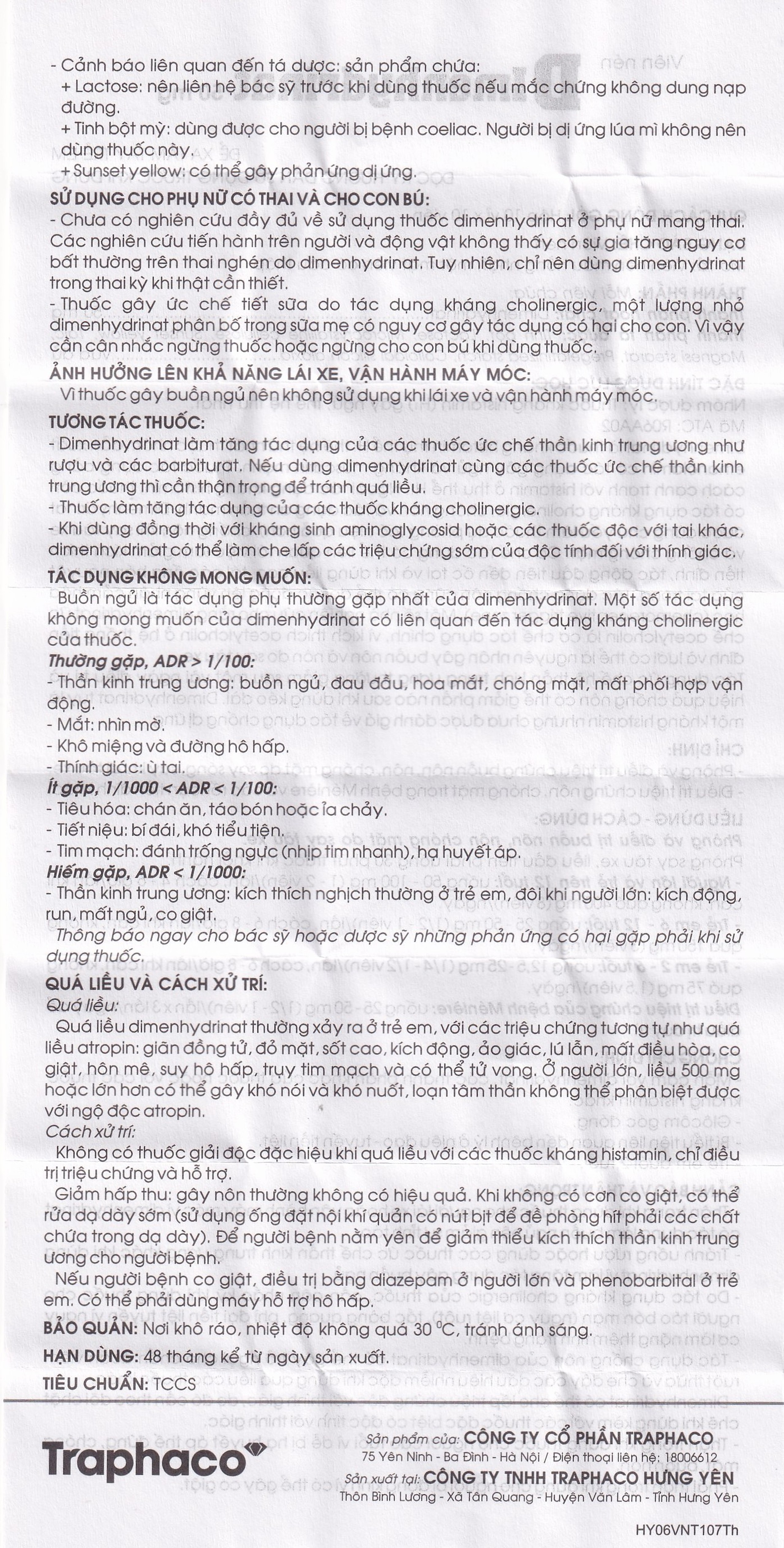 Thuốc Dimenhydrinat 50mg Traphaco chống nôn, chống say tàu xe (10 vỉ x 10 viên)
